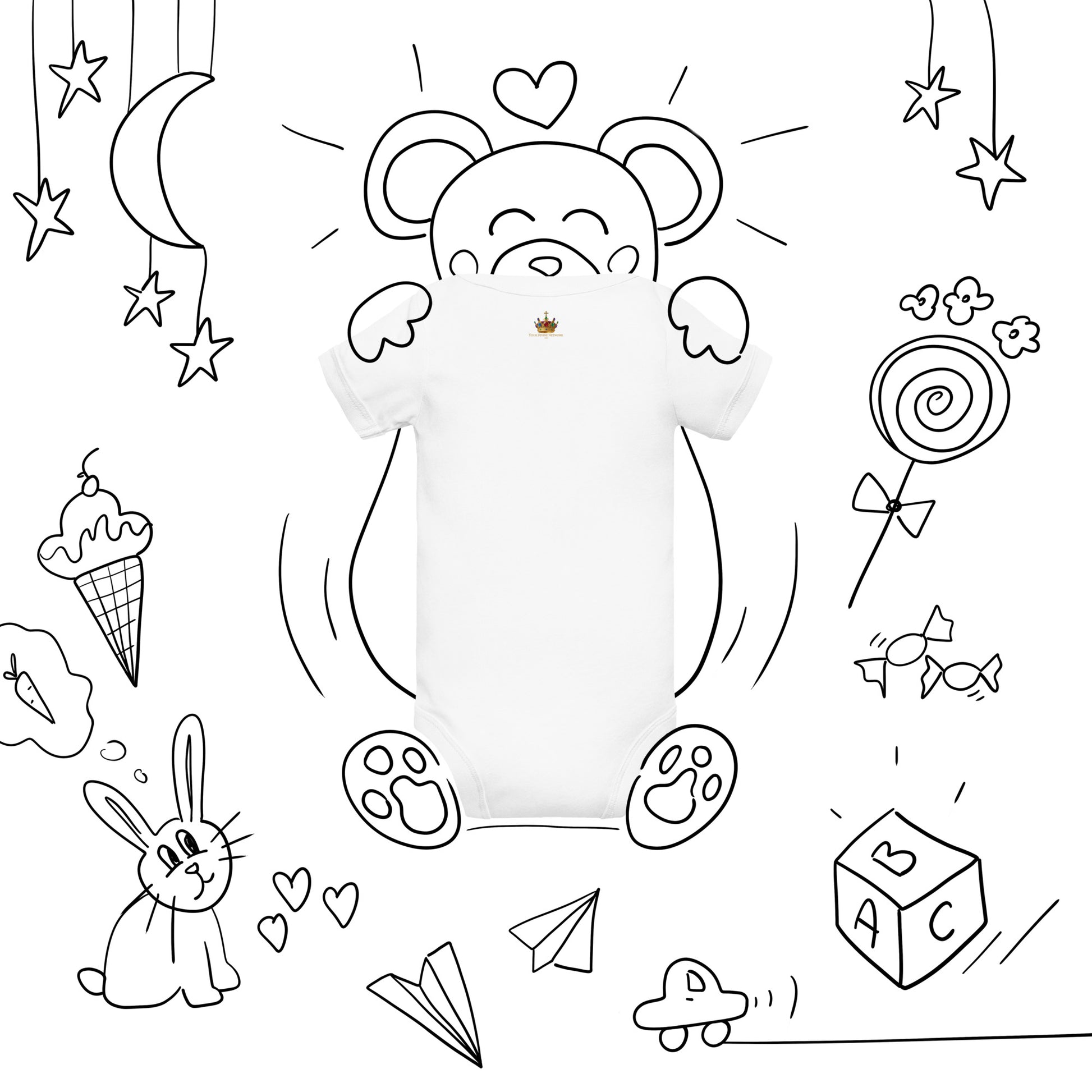 Christian baby onesie design reading Heaven Sent with Psalm 127:3, featuring a crown, clouds, stars, and soft green, lavender, cream, and gold colors.