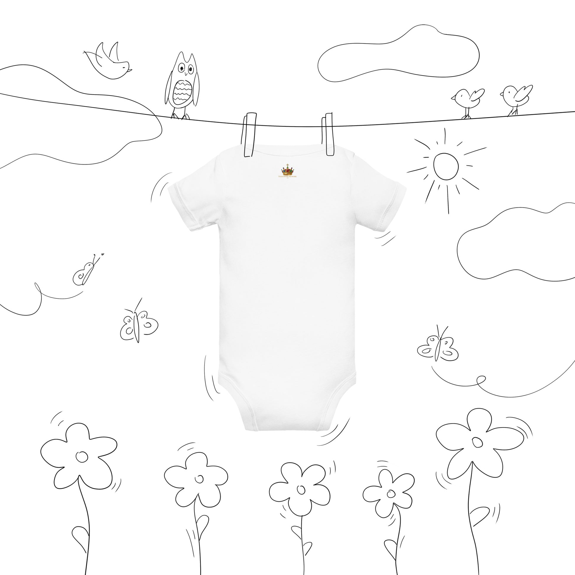 Christian baby onesie design reading Heaven Sent with Psalm 127:3, featuring a crown, clouds, stars, and soft green, lavender, cream, and gold colors.