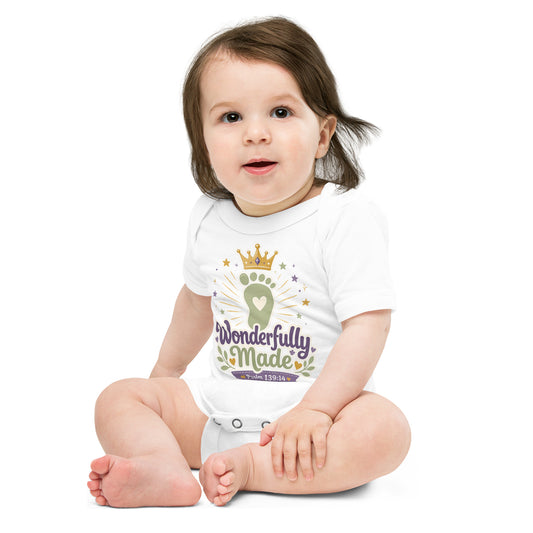 Wonderfully Made Psalm 139:14 Christian baby onesie in heather grey with gold crown and baby footprint design — faith based newborn gift
