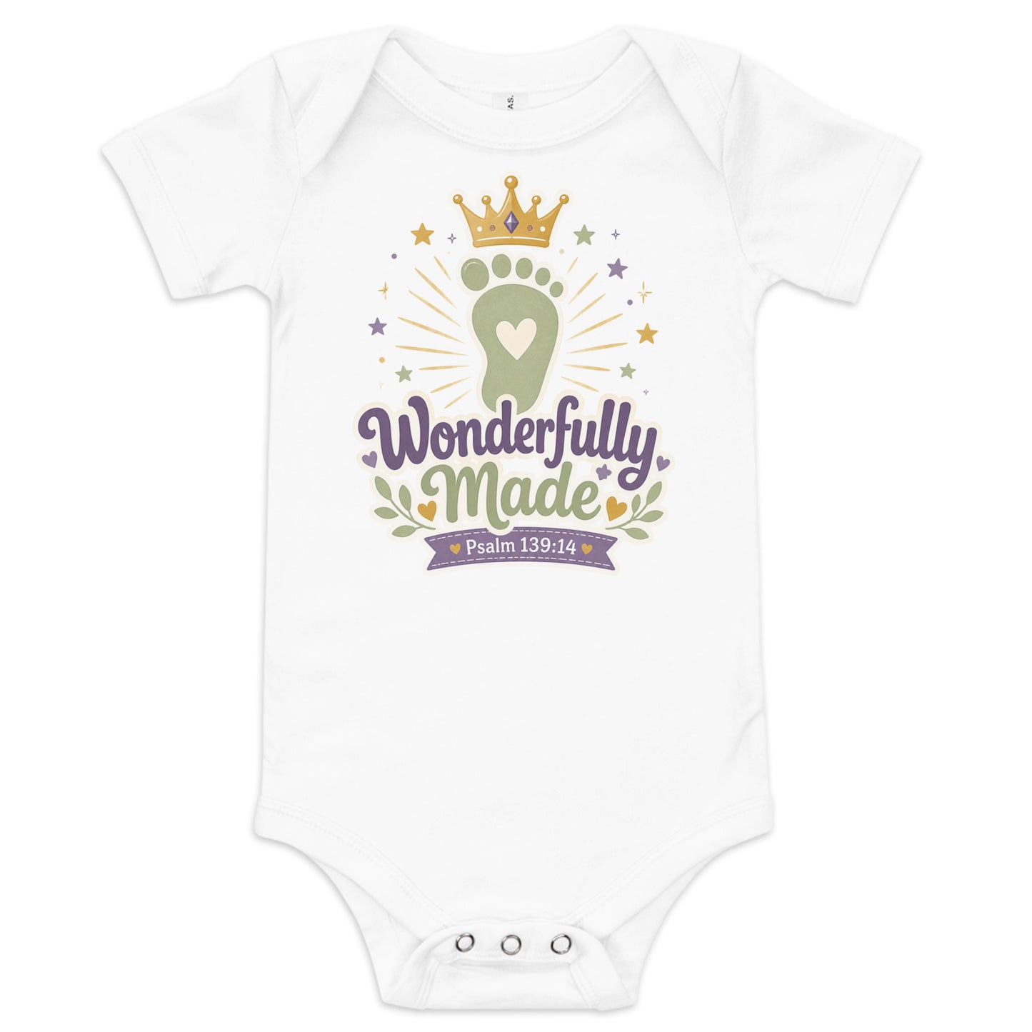 Wonderfully Made Psalm 139:14 Christian baby onesie in heather grey with gold crown and baby footprint design — faith based newborn gift