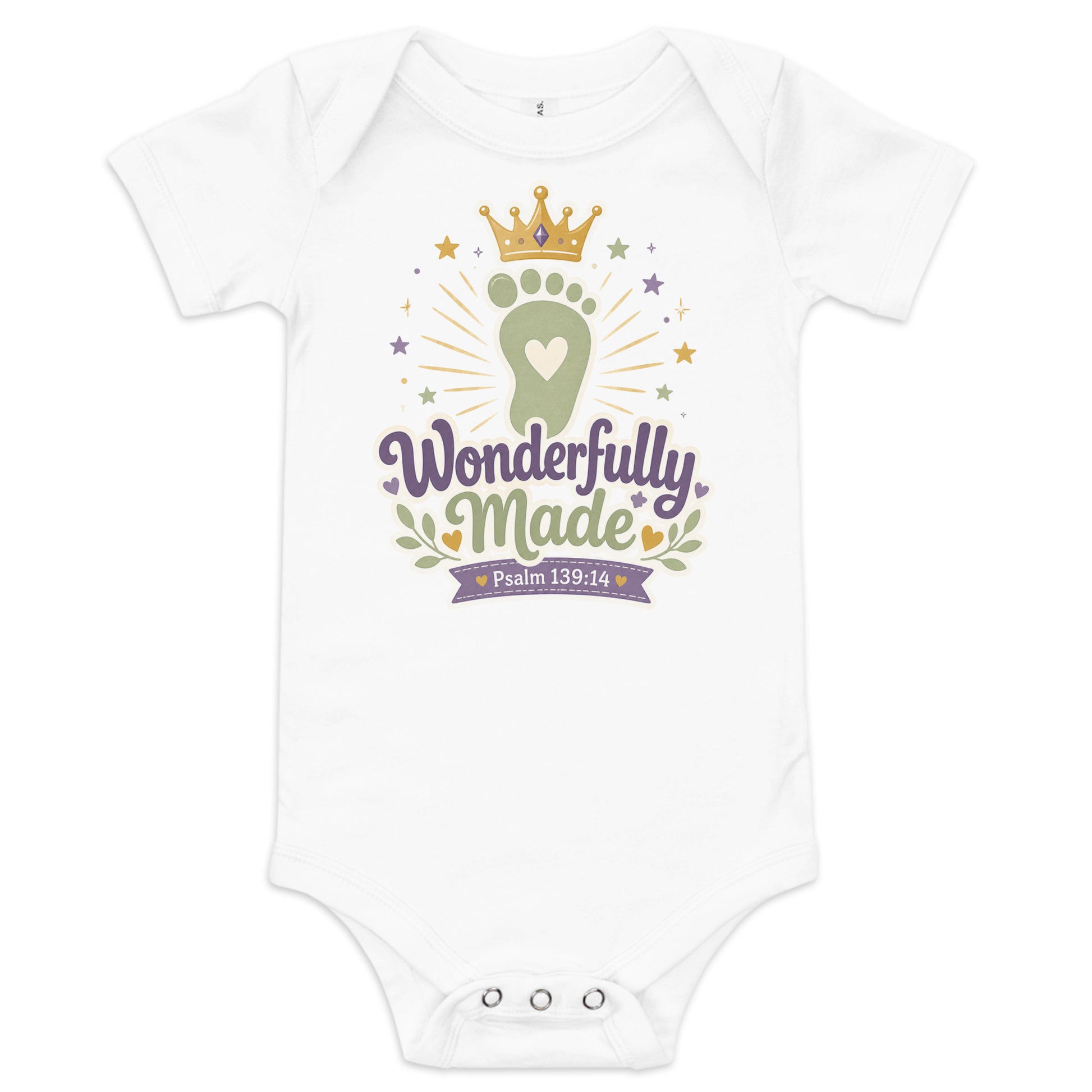 Wonderfully Made Psalm 139:14 Christian baby onesie in heather grey with gold crown and baby footprint design — faith based newborn gift