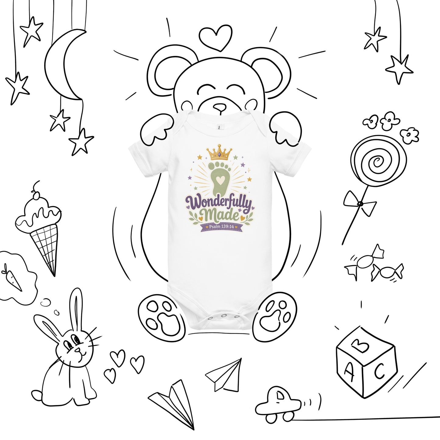 Wonderfully Made Psalm 139:14 Christian baby onesie in heather grey with gold crown and baby footprint design — faith based newborn gift