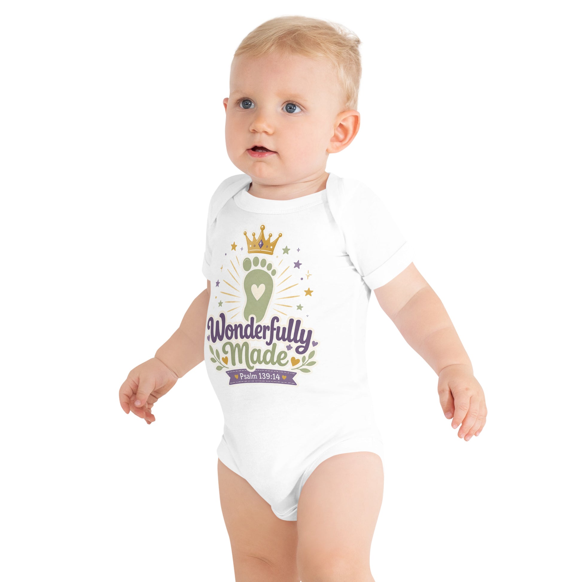 Wonderfully Made Psalm 139:14 Christian baby onesie in heather grey with gold crown and baby footprint design — faith based newborn gift