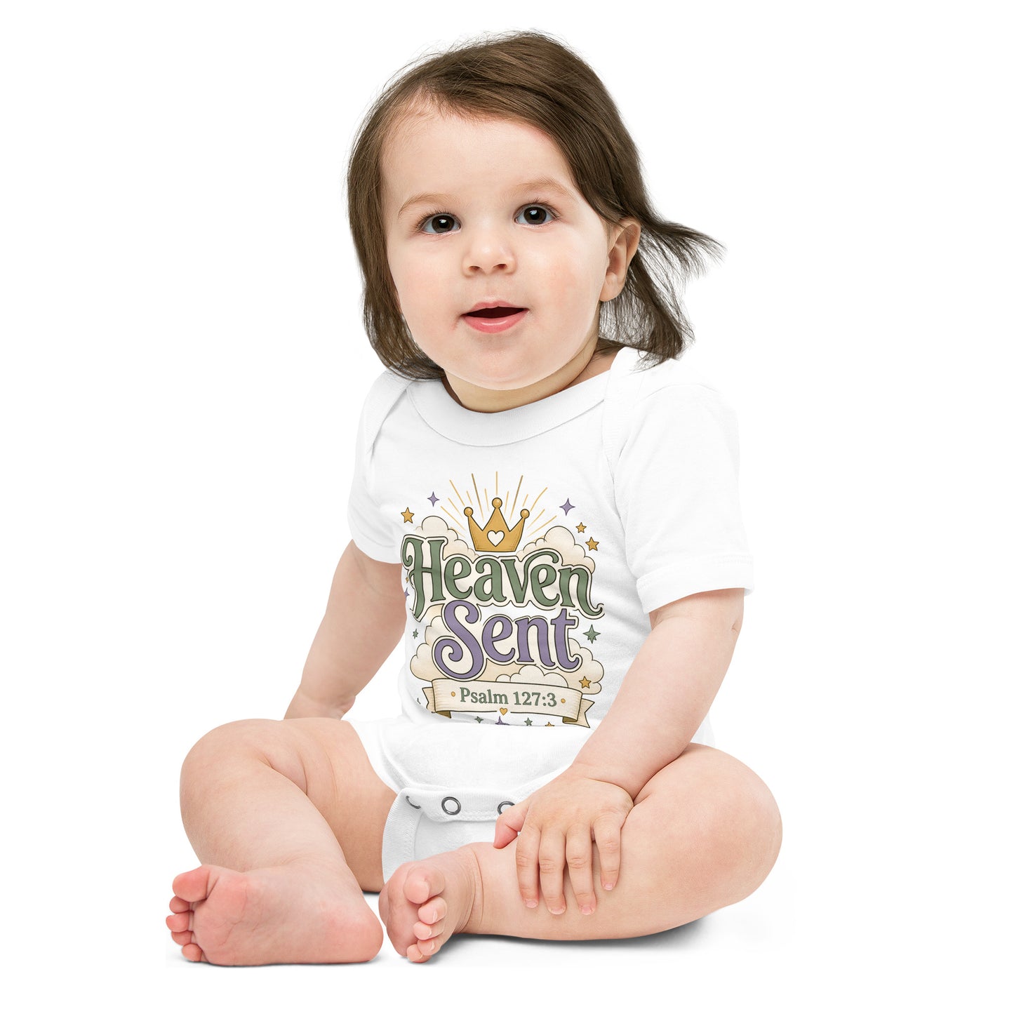 Christian baby onesie design reading Heaven Sent with Psalm 127:3, featuring a crown, clouds, stars, and soft green, lavender, cream, and gold colors.