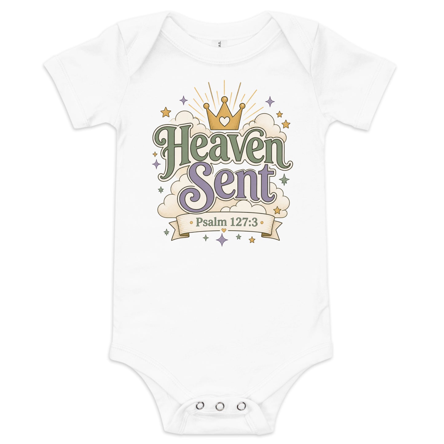 Christian baby onesie design reading Heaven Sent with Psalm 127:3, featuring a crown, clouds, stars, and soft green, lavender, cream, and gold colors.