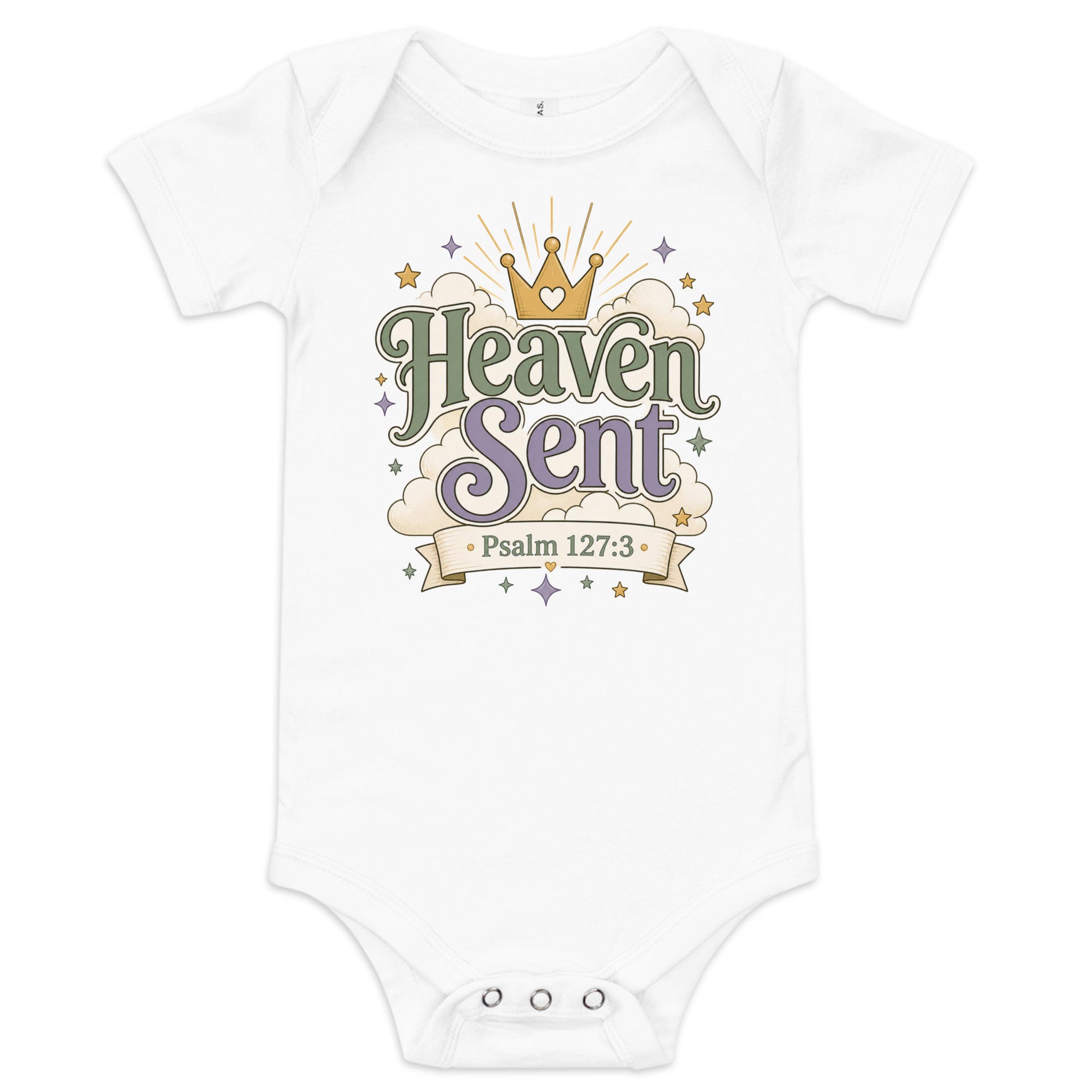 Christian baby onesie design reading Heaven Sent with Psalm 127:3, featuring a crown, clouds, stars, and soft green, lavender, cream, and gold colors.