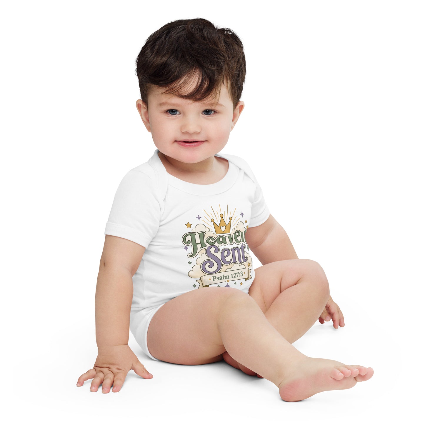 Christian baby onesie design reading Heaven Sent with Psalm 127:3, featuring a crown, clouds, stars, and soft green, lavender, cream, and gold colors.
