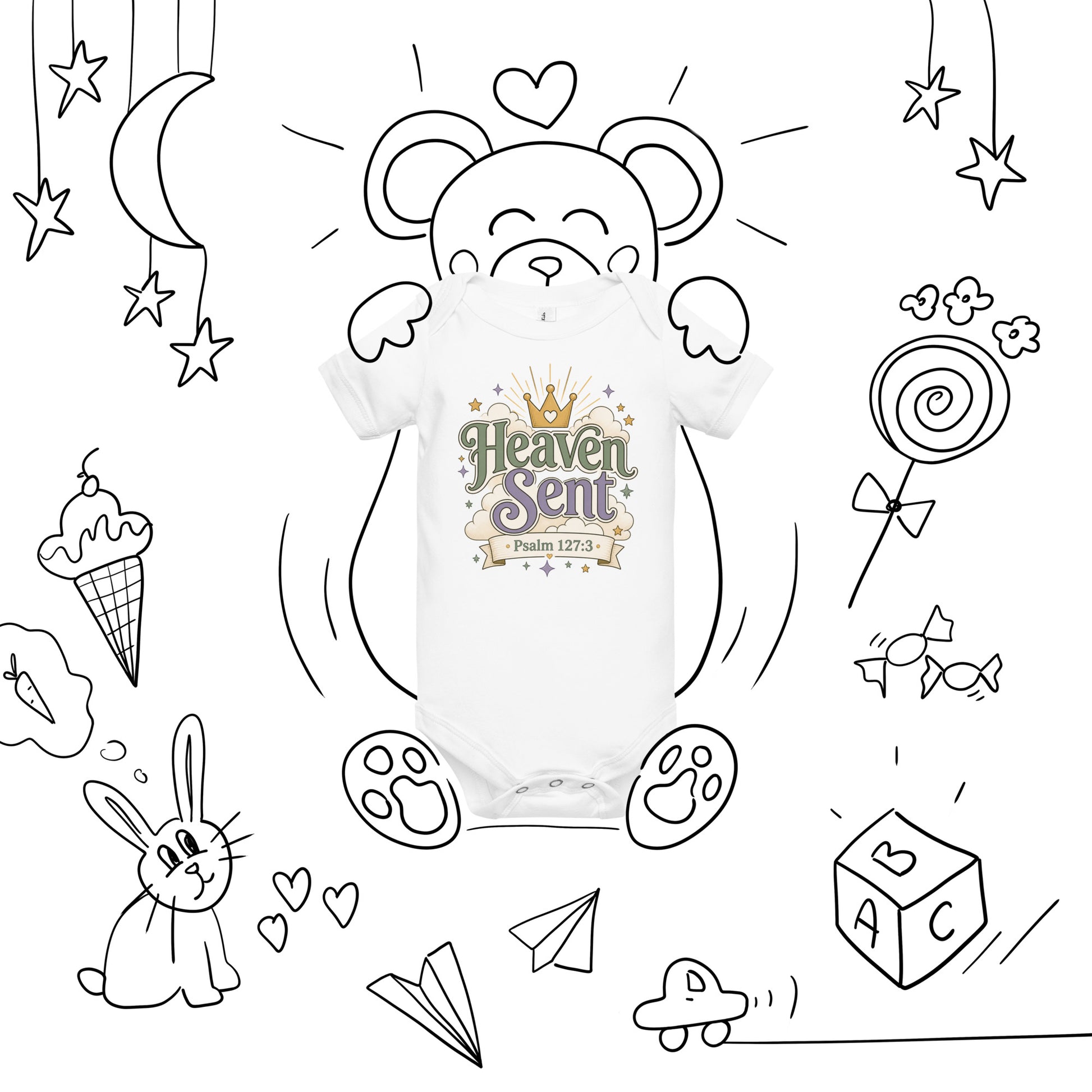 Christian baby onesie design reading Heaven Sent with Psalm 127:3, featuring a crown, clouds, stars, and soft green, lavender, cream, and gold colors.