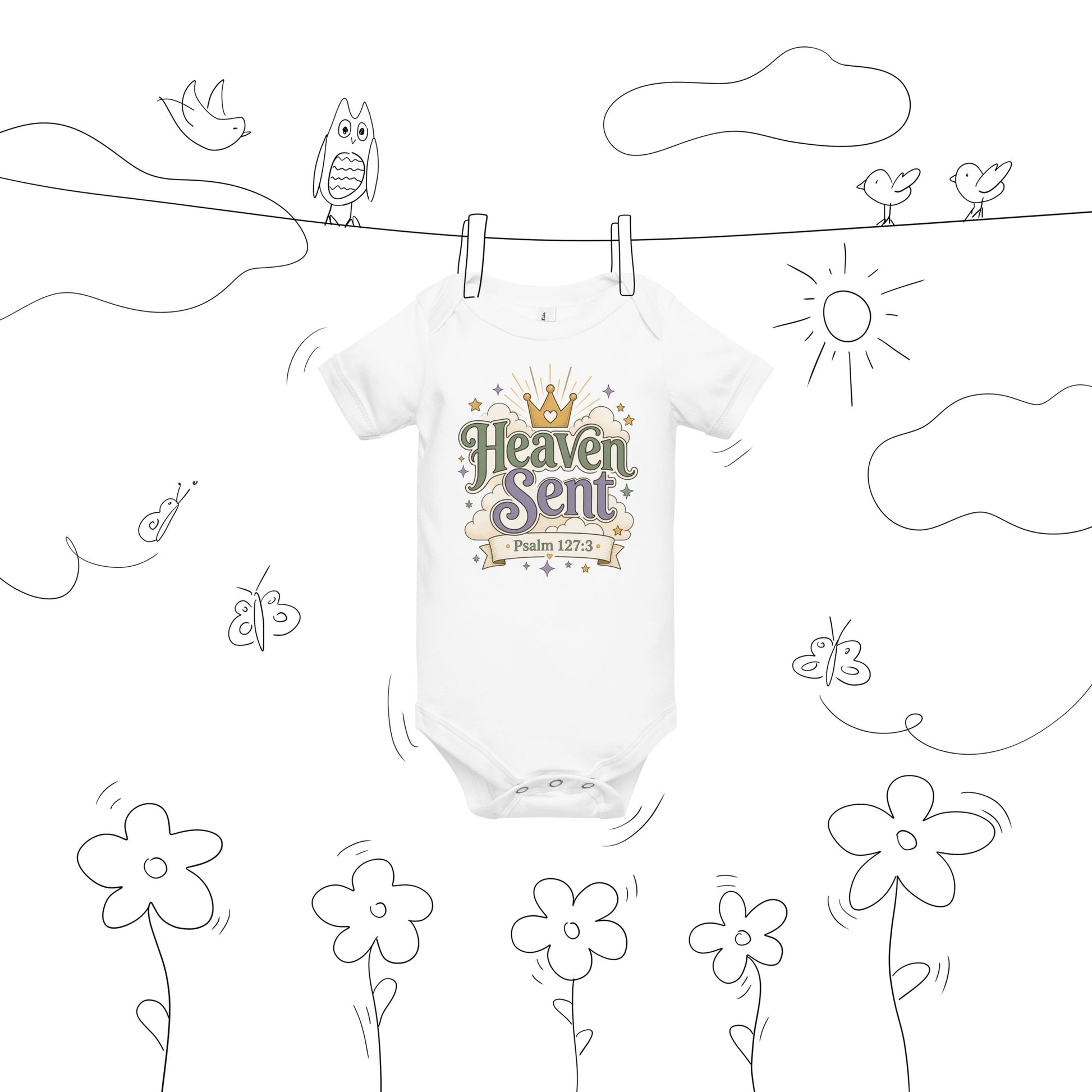 Christian baby onesie design reading Heaven Sent with Psalm 127:3, featuring a crown, clouds, stars, and soft green, lavender, cream, and gold colors.