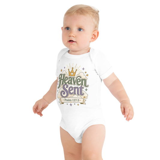 Christian baby onesie design reading Heaven Sent with Psalm 127:3, featuring a crown, clouds, stars, and soft green, lavender, cream, and gold colors.
