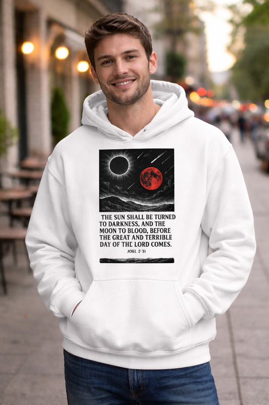 “End times Christian streetwear hoodie with blood moon prophecy graphic and Scripture text, bold faith apparel for men and women.”