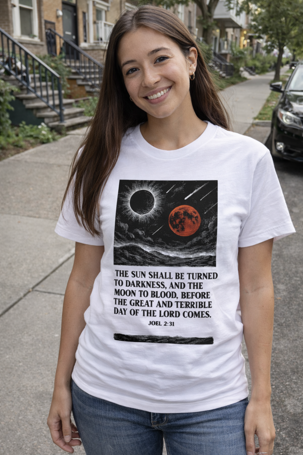Christian prophecy t-shirt featuring Joel 2:31 blood moon and sun-darkness design printed on the front.