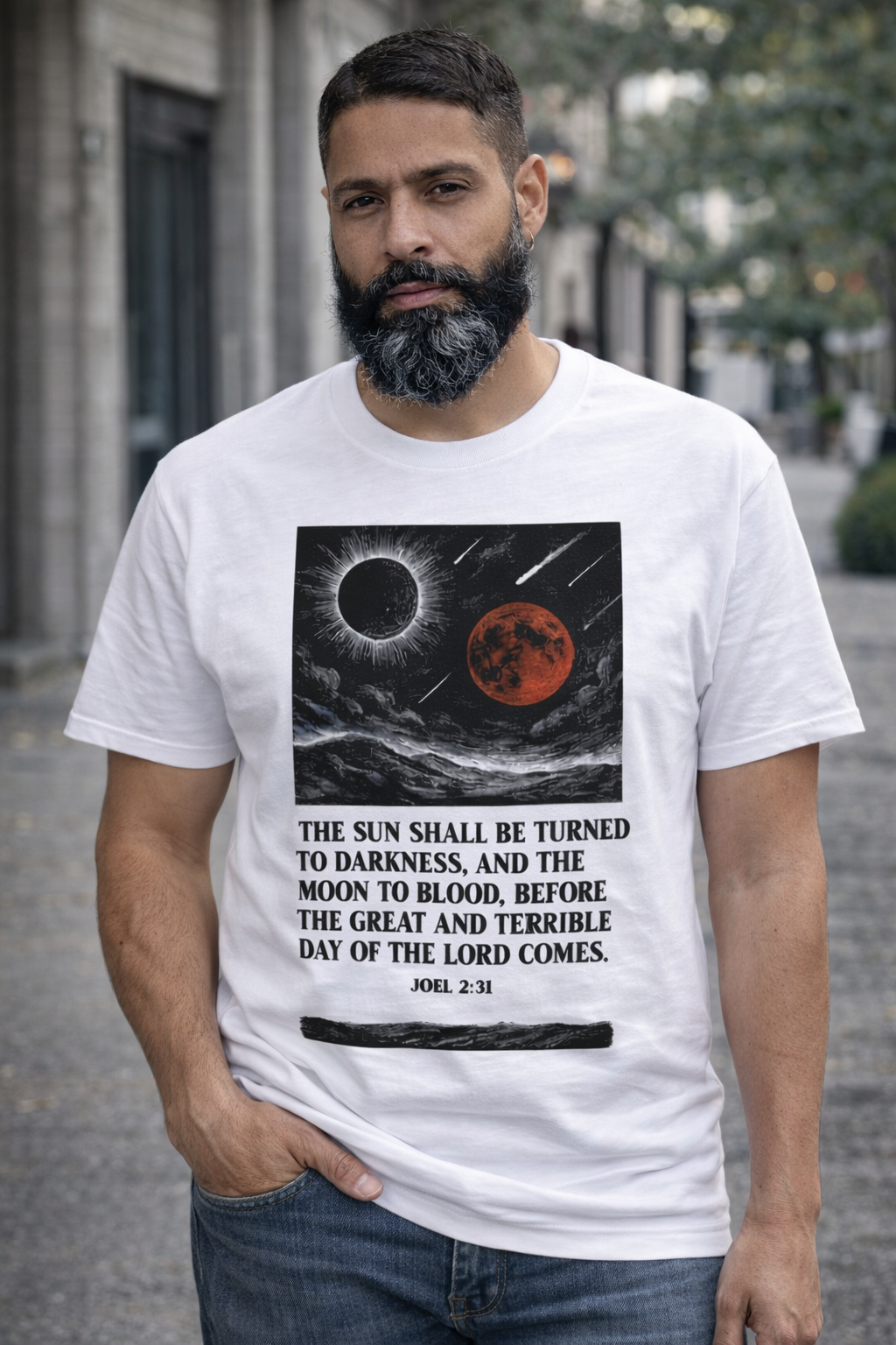 Christian prophecy t-shirt featuring Joel 2:31 blood moon and sun-darkness design printed on the front.