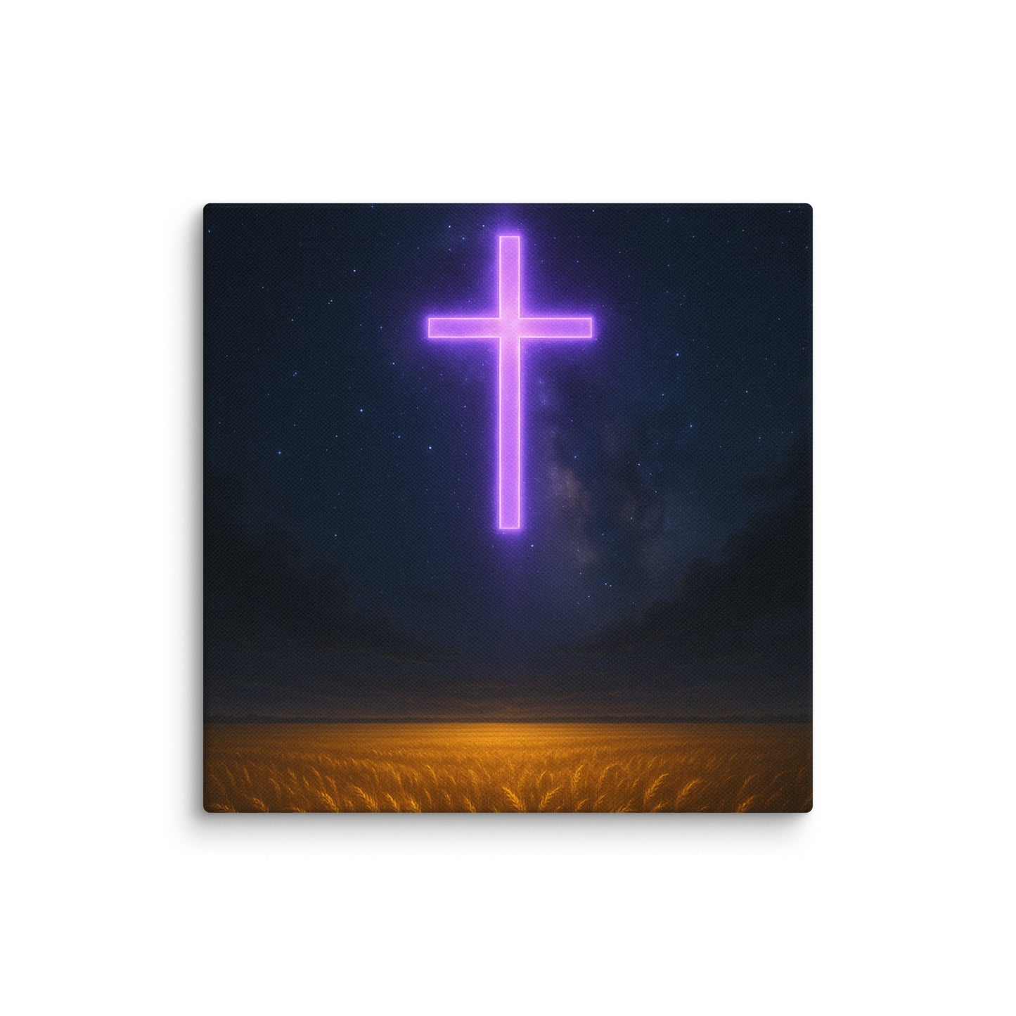 Christian Canvas Wall Art – Neon Cross Poster with Wheat Field & Starlit Sky by Your Divine Network