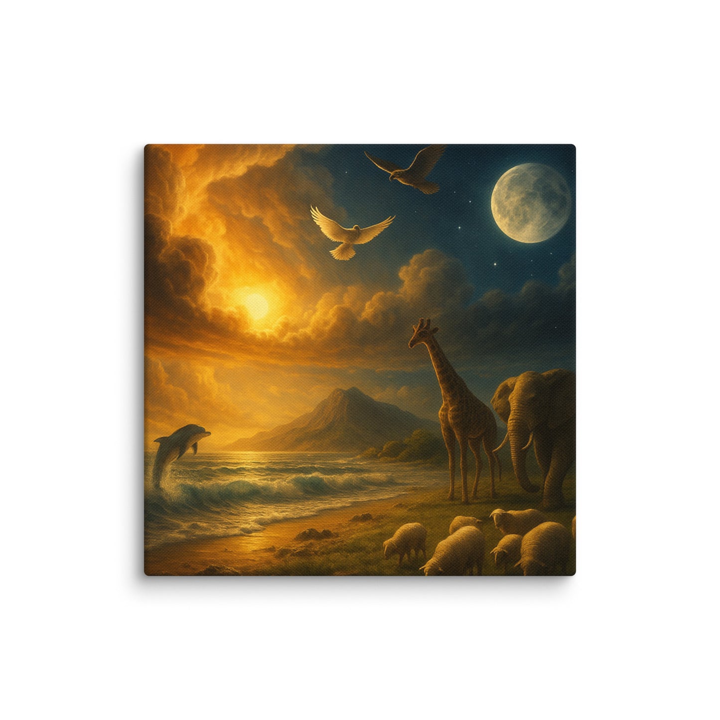 Genesis creation poster with sun, moon, ocean, giraffe, elephant, and sheep — Christian wall art