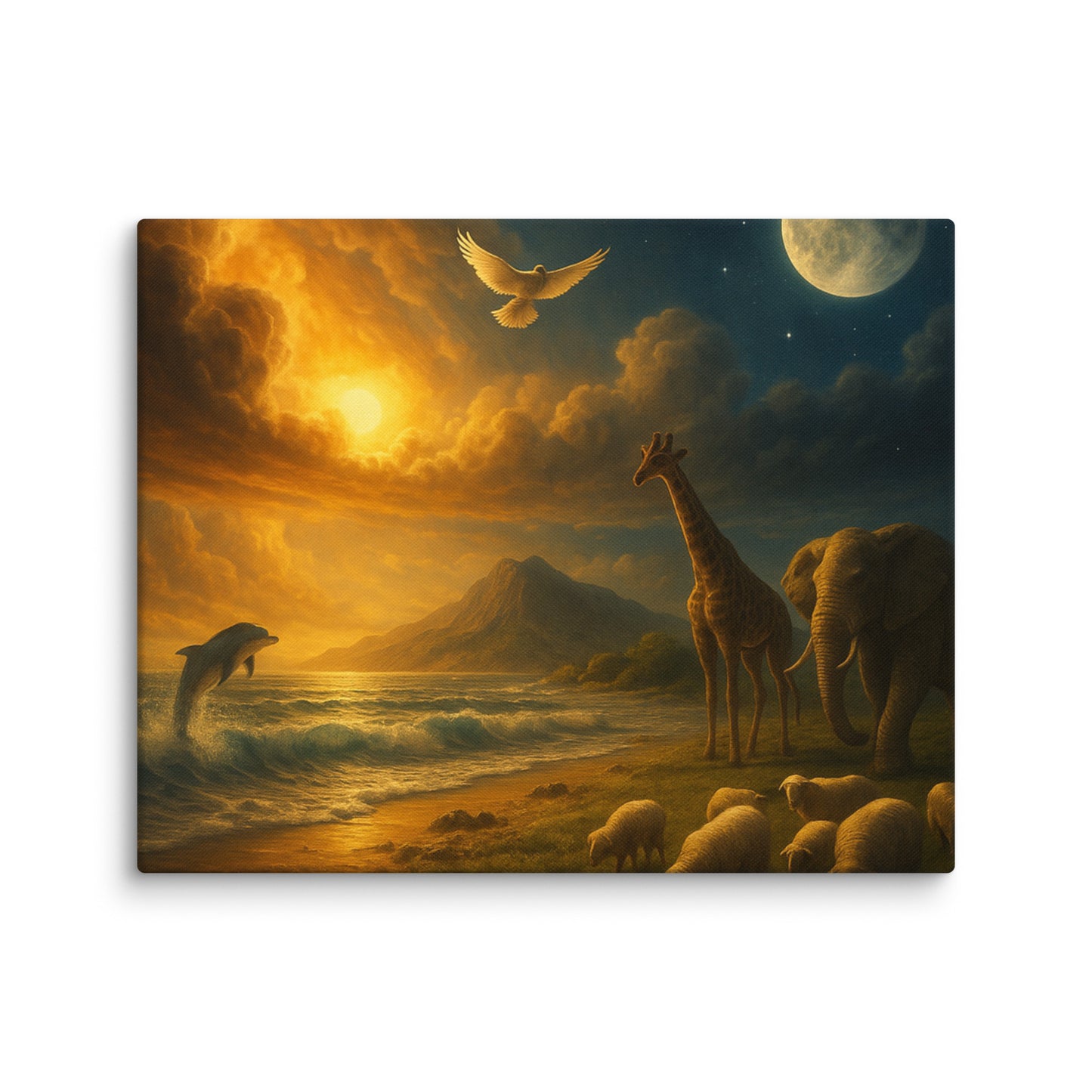 Genesis creation poster with sun, moon, ocean, giraffe, elephant, and sheep — Christian wall art