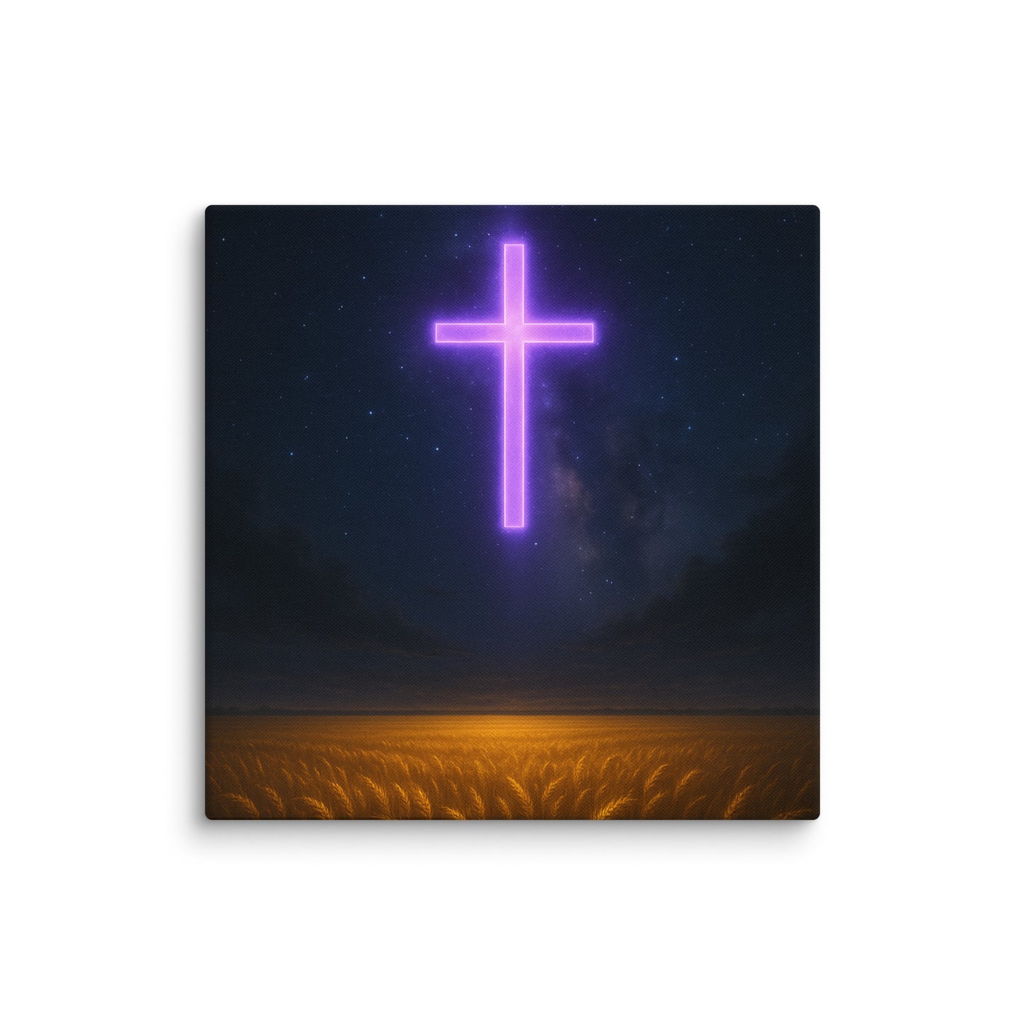 Christian Canvas Wall Art – Neon Cross Poster with Wheat Field & Starlit Sky by Your Divine Network