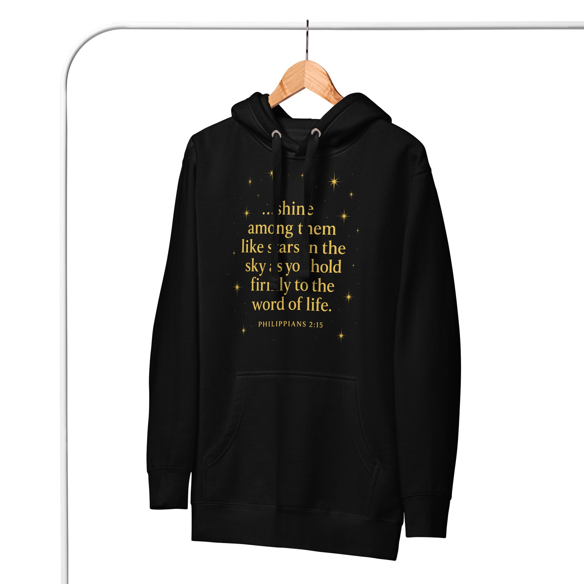Christian hoodie with Shine Bright Philippians 2:15 design – faith apparel