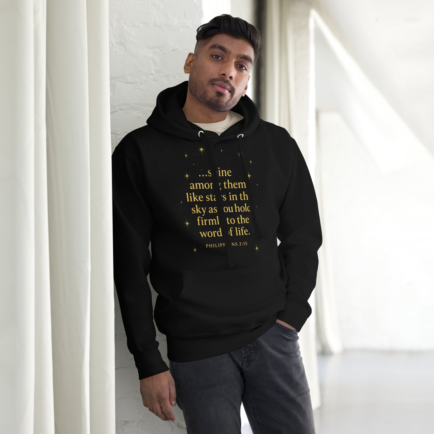 Christian hoodie with Shine Bright Philippians 2:15 design – faith apparel
