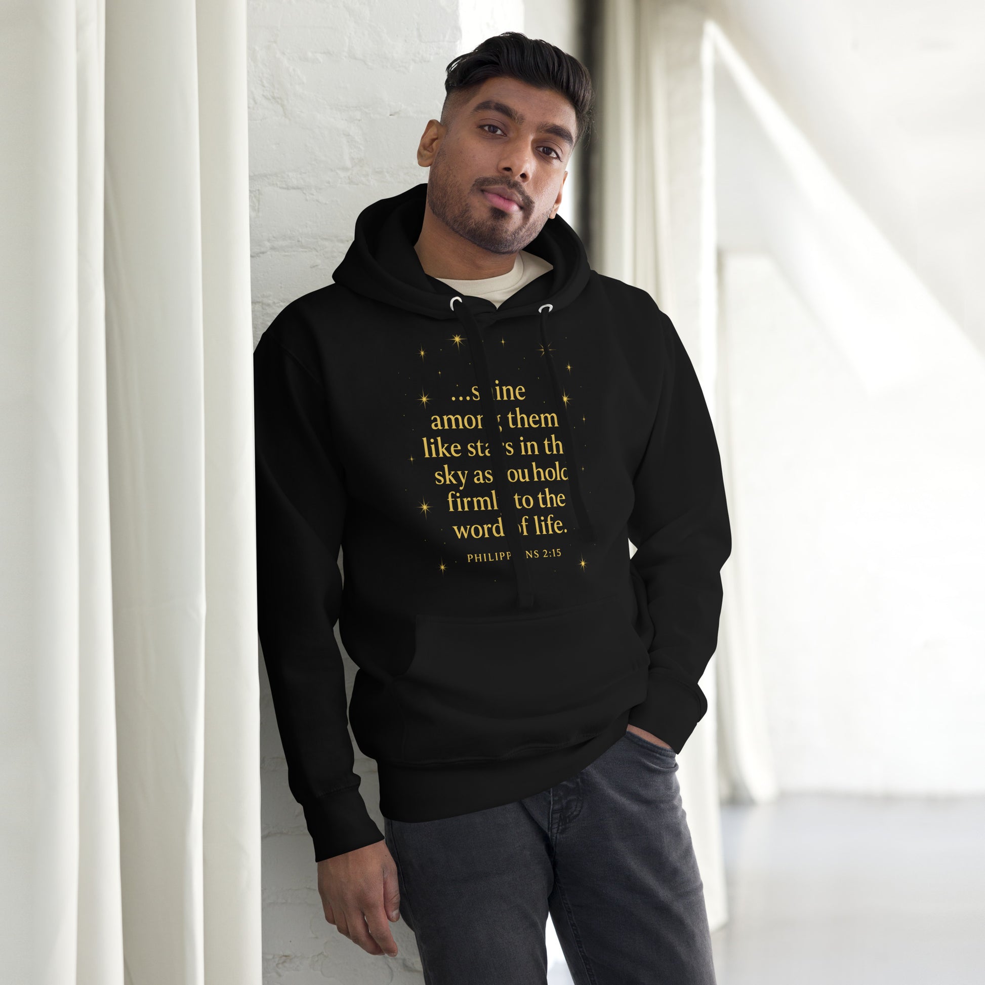 Christian hoodie with Shine Bright Philippians 2:15 design – faith apparel
