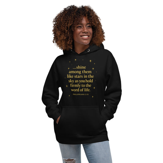 Christian hoodie with Shine Bright Philippians 2:15 design – faith apparel
