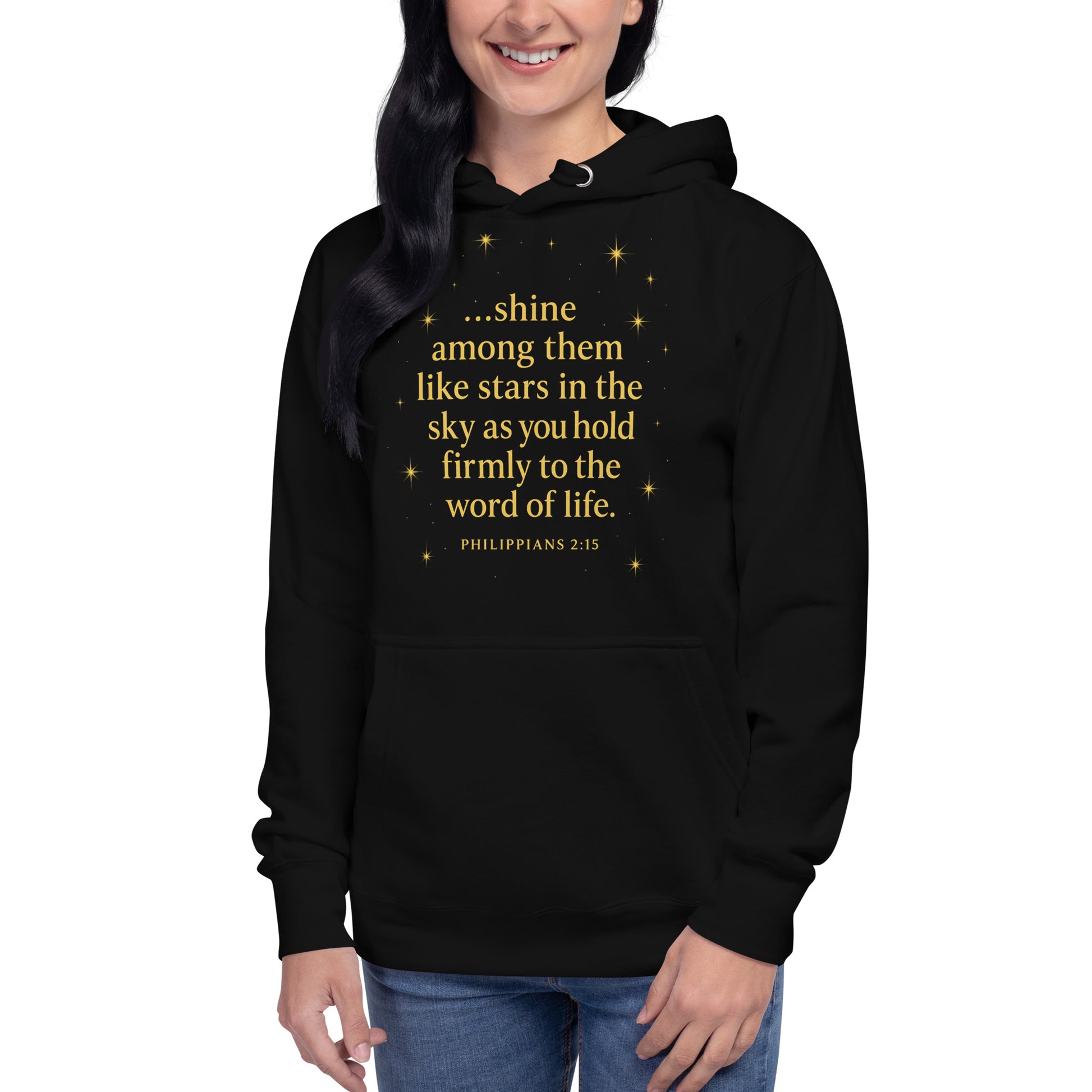 Christian hoodie with Shine Bright Philippians 2:15 design – faith apparel