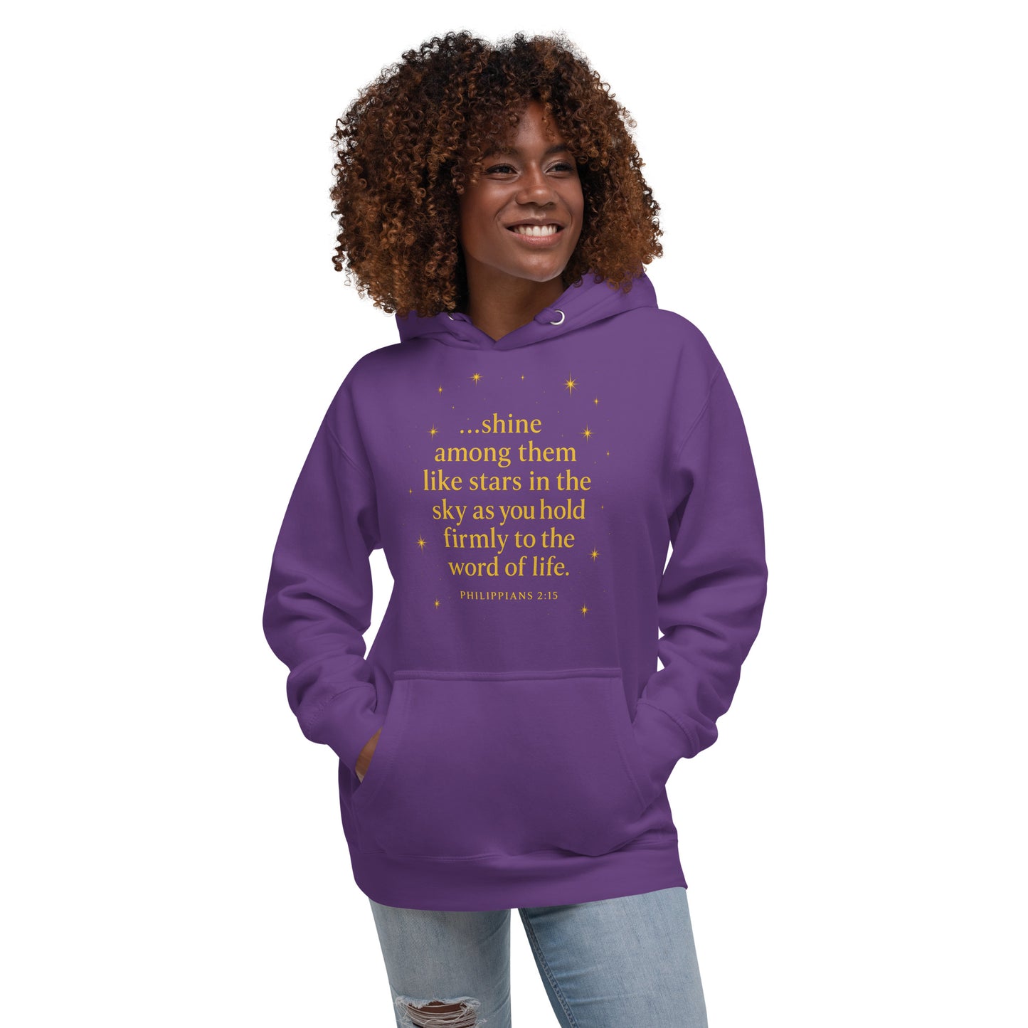 Christian hoodie with Shine Bright Philippians 2:15 design – faith apparel