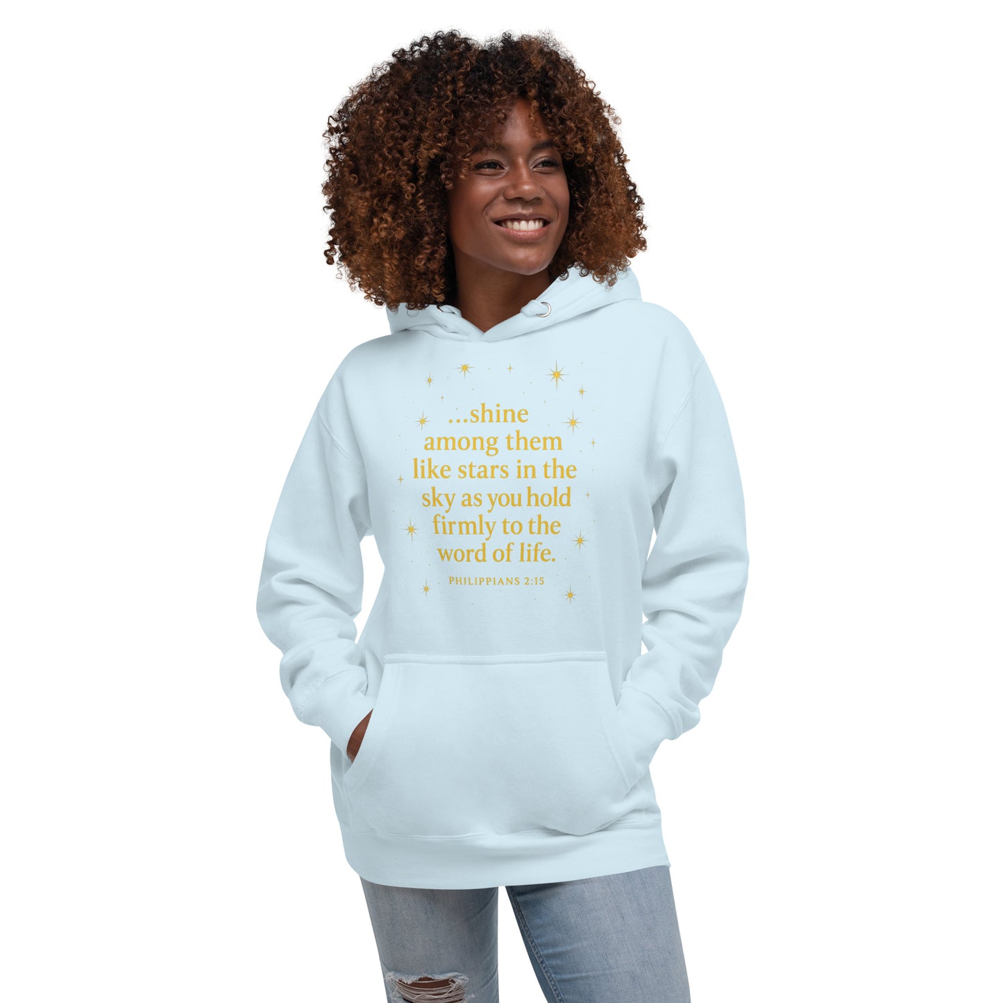 Christian hoodie with Shine Bright Philippians 2:15 design – faith apparel