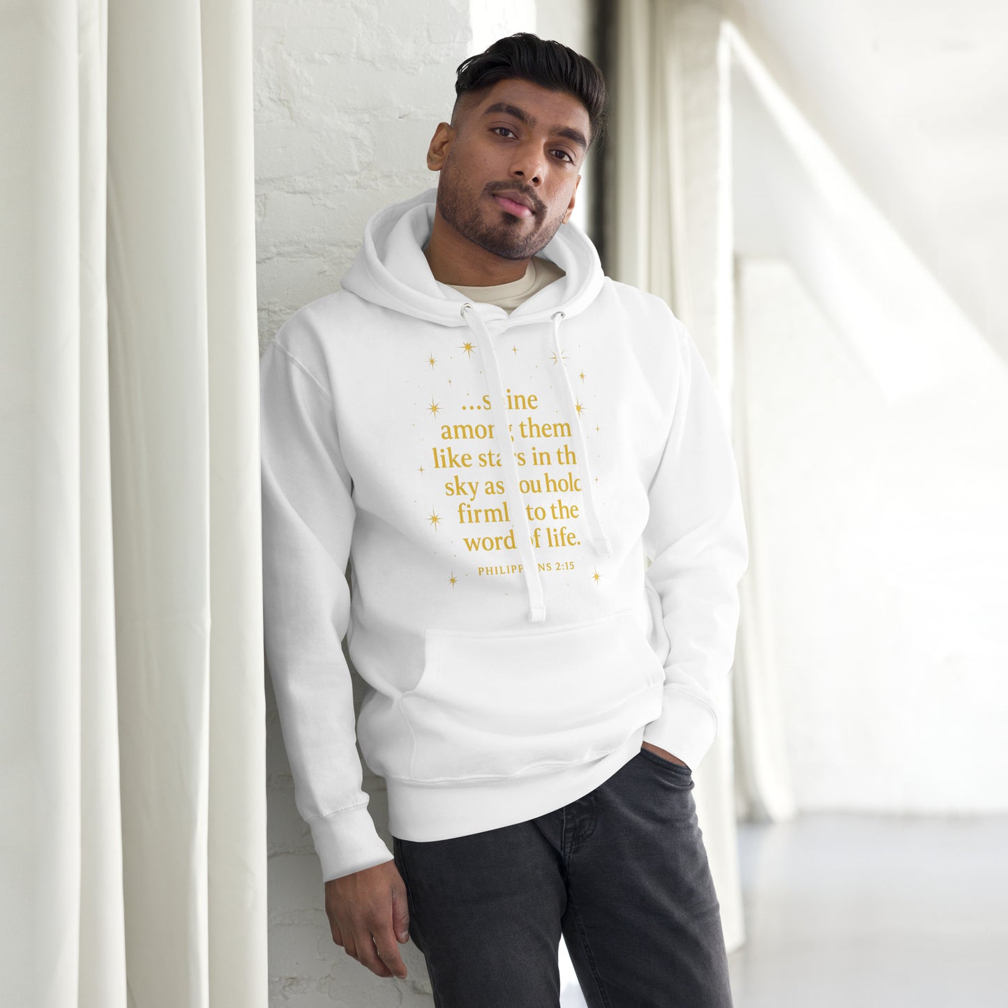 Christian hoodie with Shine Bright Philippians 2:15 design – faith apparel