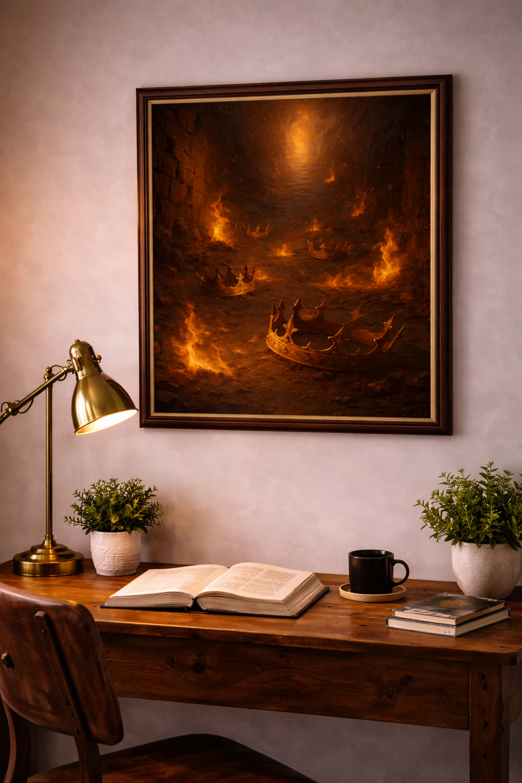 Prophetic Christian wall art depicting crowns in fire along a dark stone path, symbolizing purification, refinement, and the remnant rising for God’s Kingdom.