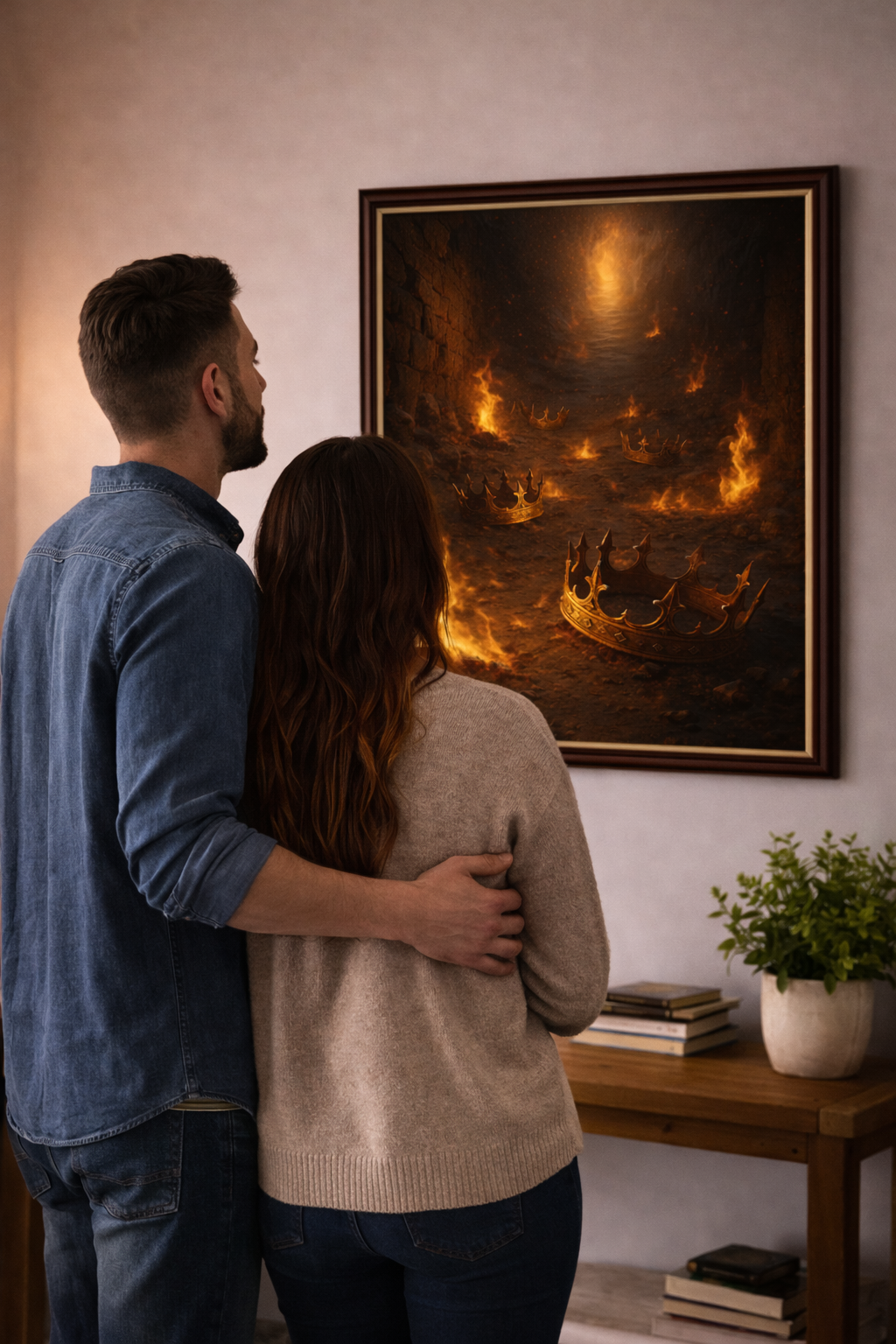 Prophetic Christian wall art depicting crowns in fire along a dark stone path, symbolizing purification, refinement, and the remnant rising for God’s Kingdom.