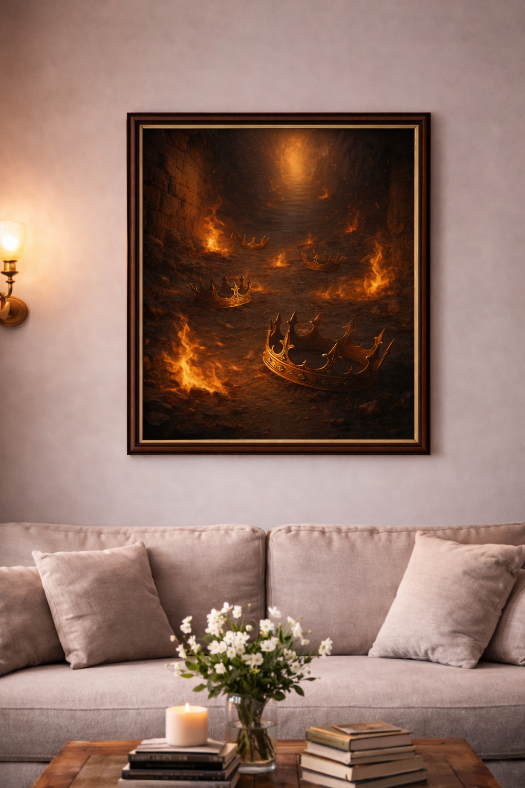 Prophetic Christian wall art depicting crowns in fire along a dark stone path, symbolizing purification, refinement, and the remnant rising for God’s Kingdom.
