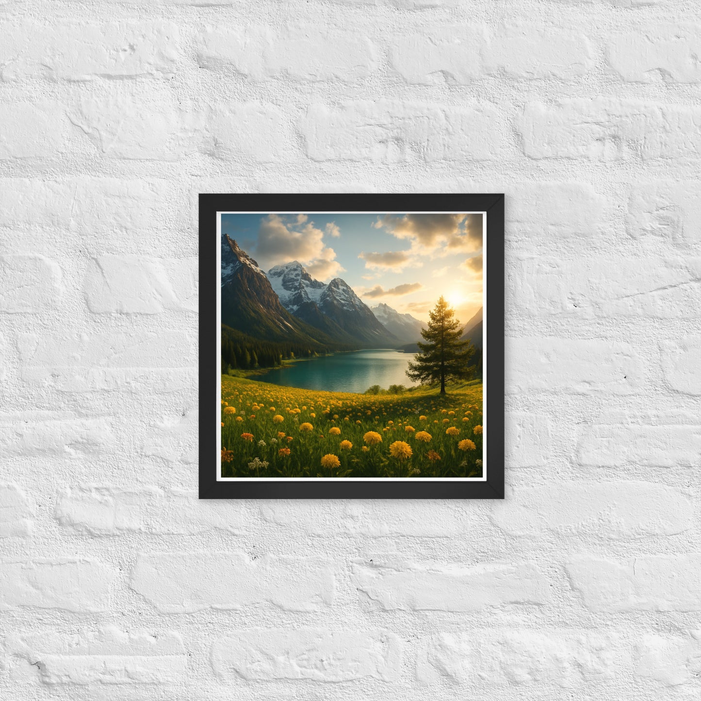 Majestic mountain valley Christian wall art with wildflowers and lake