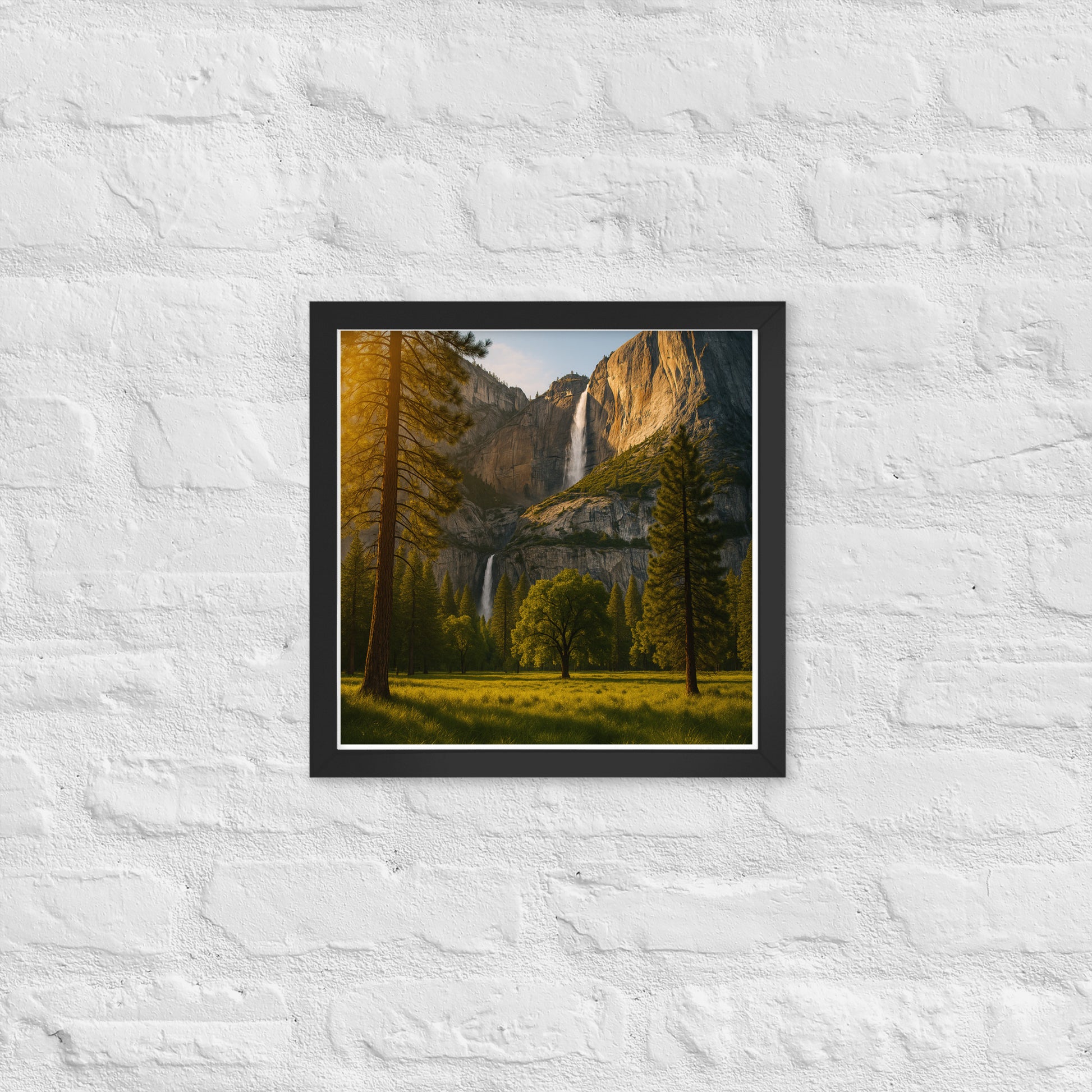 Waterfall landscape framed wall art with mountains and trees