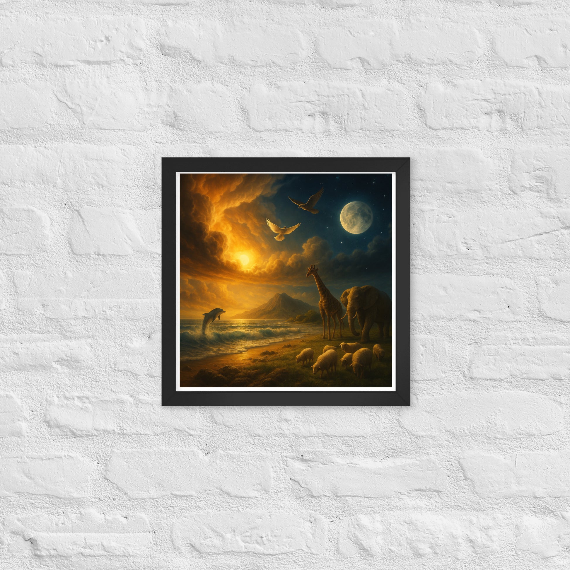 Genesis 1 creation poster—Christian wall art with sun, moon, ocean waves, dove, giraffe, elephant, sheep