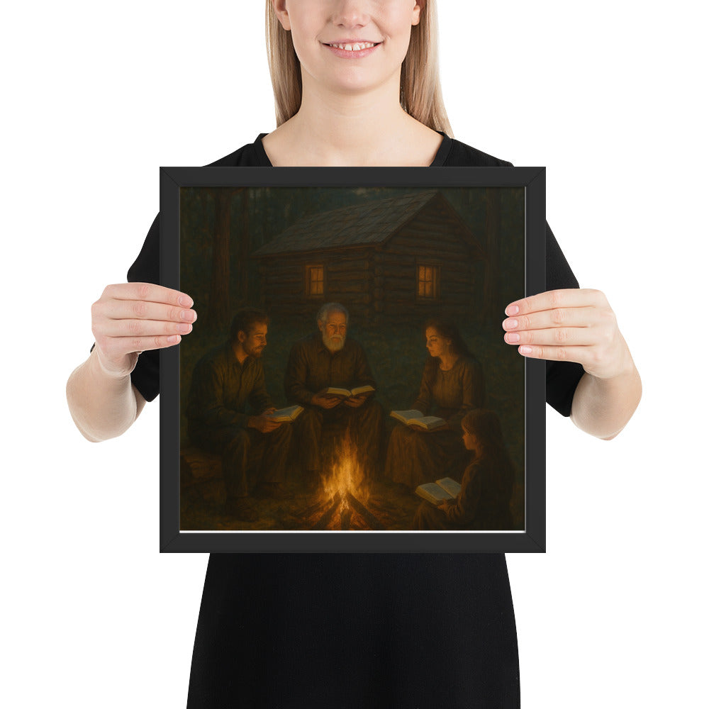 Christian wall art of family Bible study by campfire – faith-based framed poster symbolizing fellowship, prayer, and devotion.