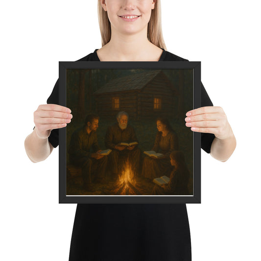 Christian wall art of family Bible study by campfire – faith-based framed poster symbolizing fellowship, prayer, and devotion.