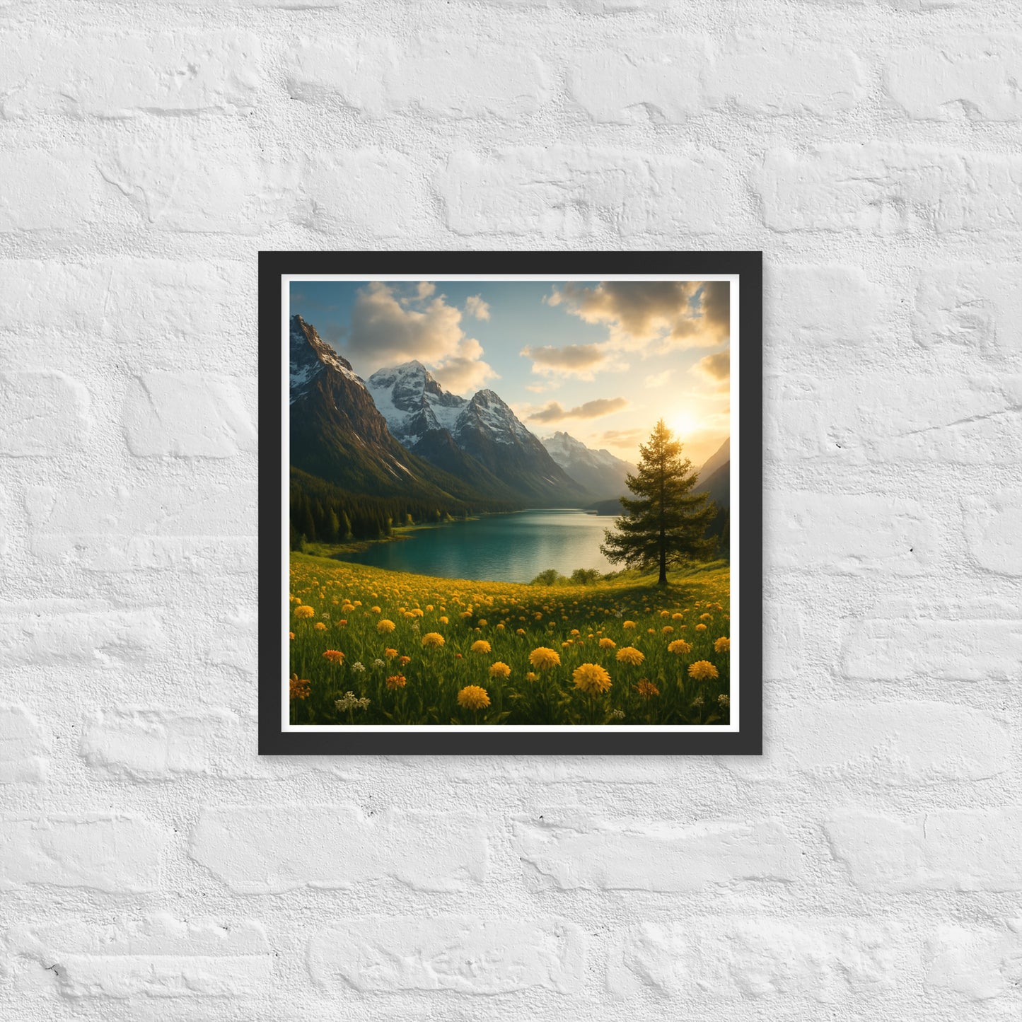 Majestic mountain valley Christian wall art with wildflowers and lake