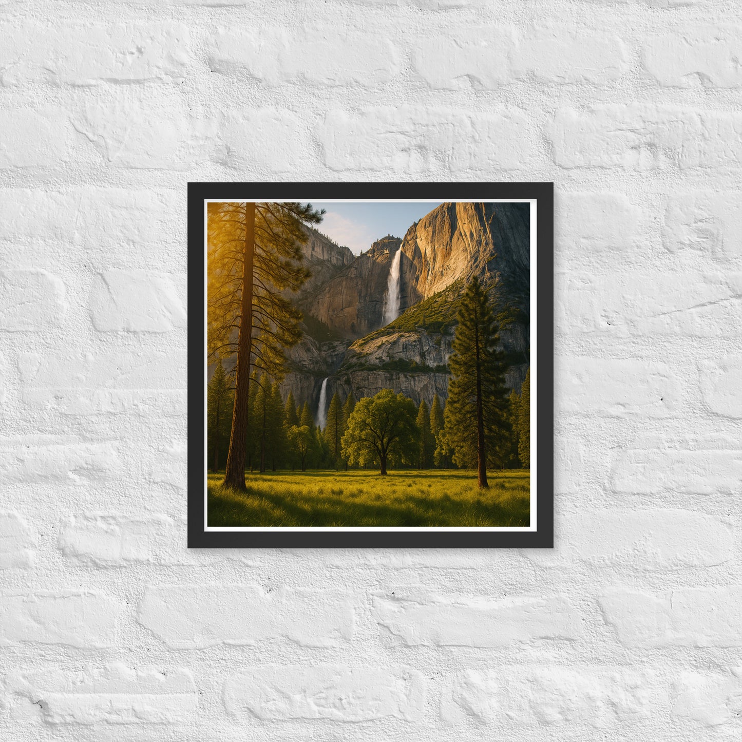 Waterfall landscape framed wall art with mountains and trees