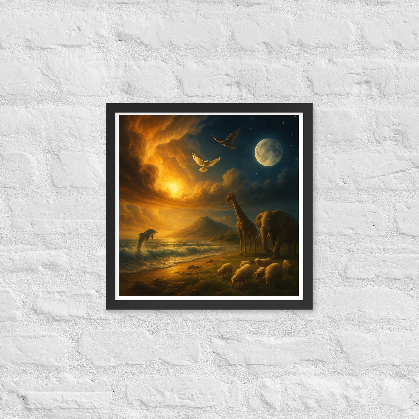 Genesis 1 creation poster—Christian wall art with sun, moon, ocean waves, dove, giraffe, elephant, sheep