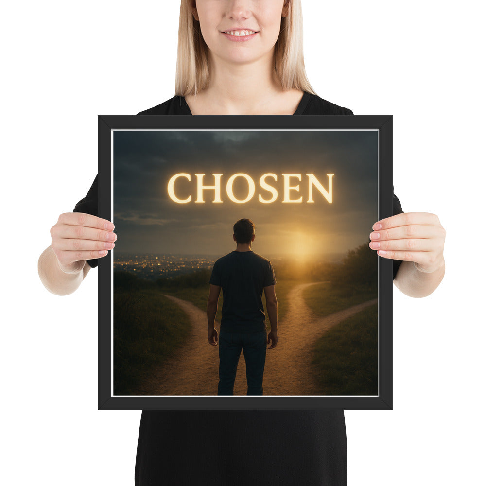 Christian wall art poster with prophetic “Chosen” design — framed faith-based décor about identity and purpose in Christ.