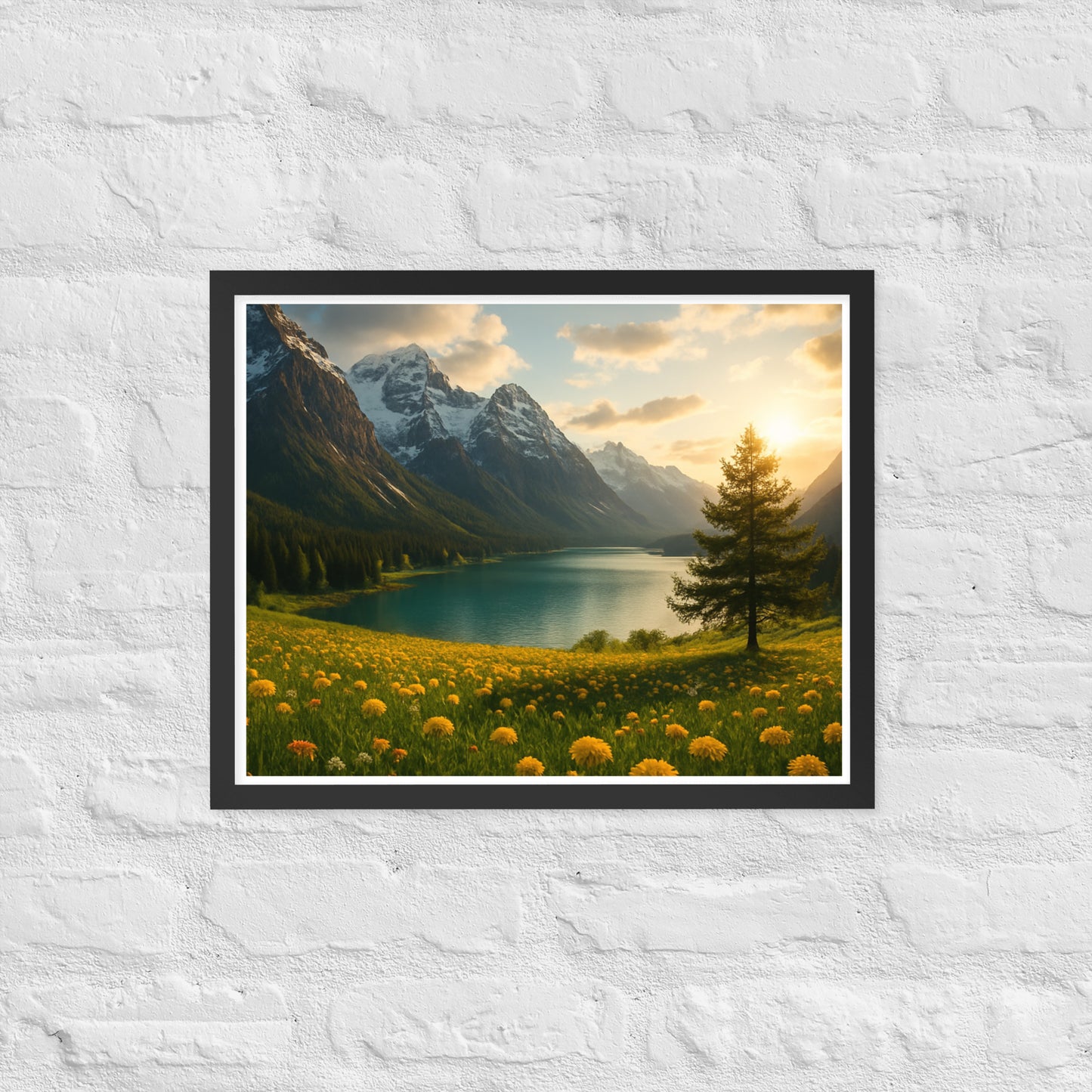 Majestic mountain valley Christian wall art with wildflowers and lake