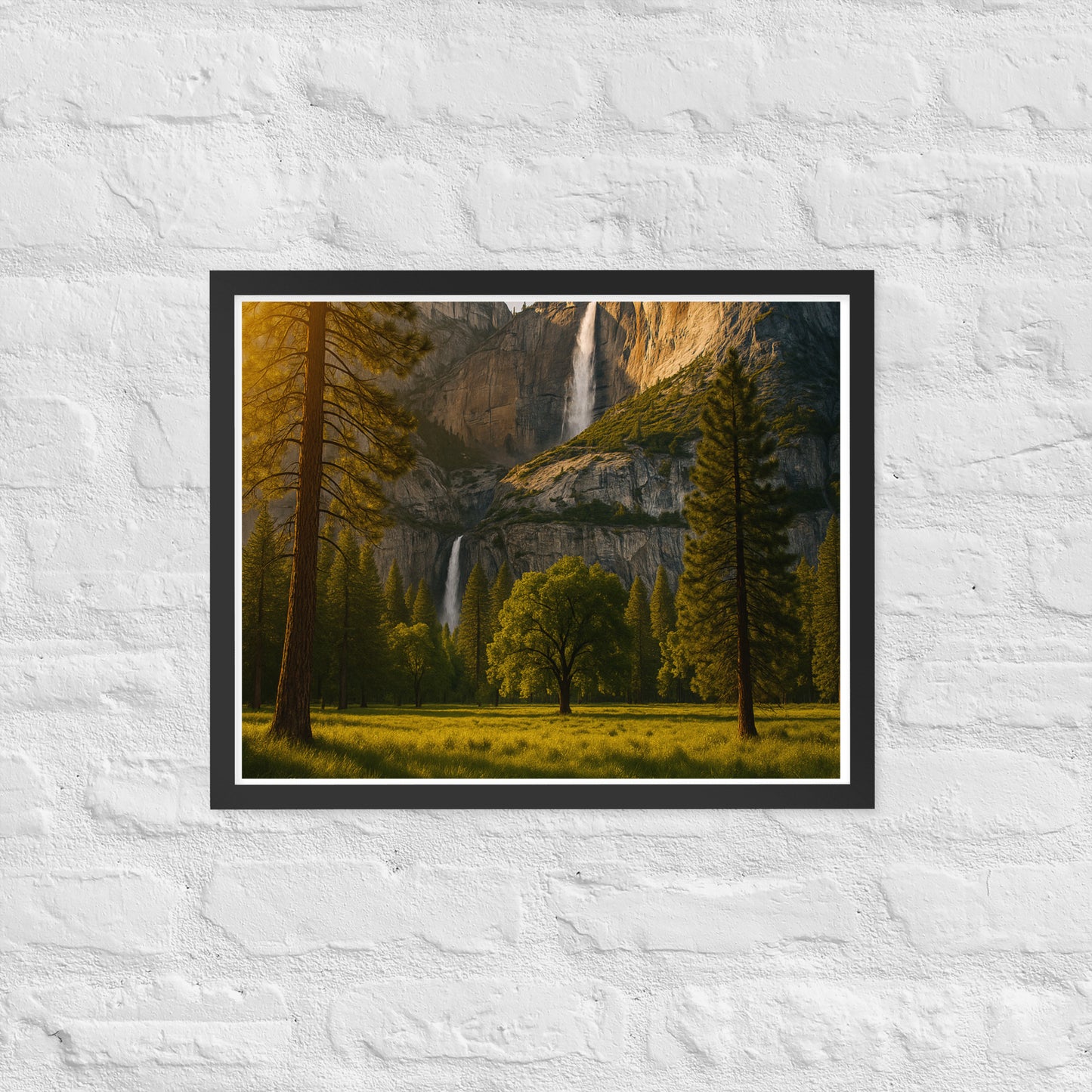 Waterfall landscape framed wall art with mountains and trees