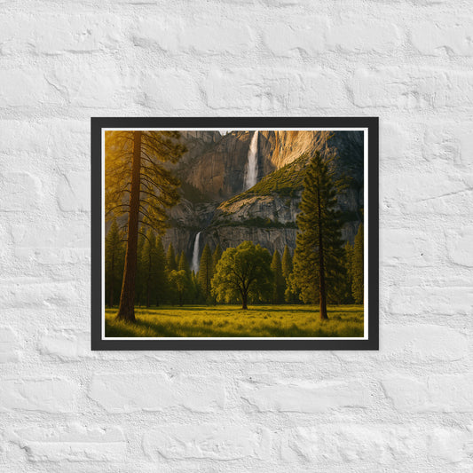 Waterfall landscape framed wall art with mountains and trees