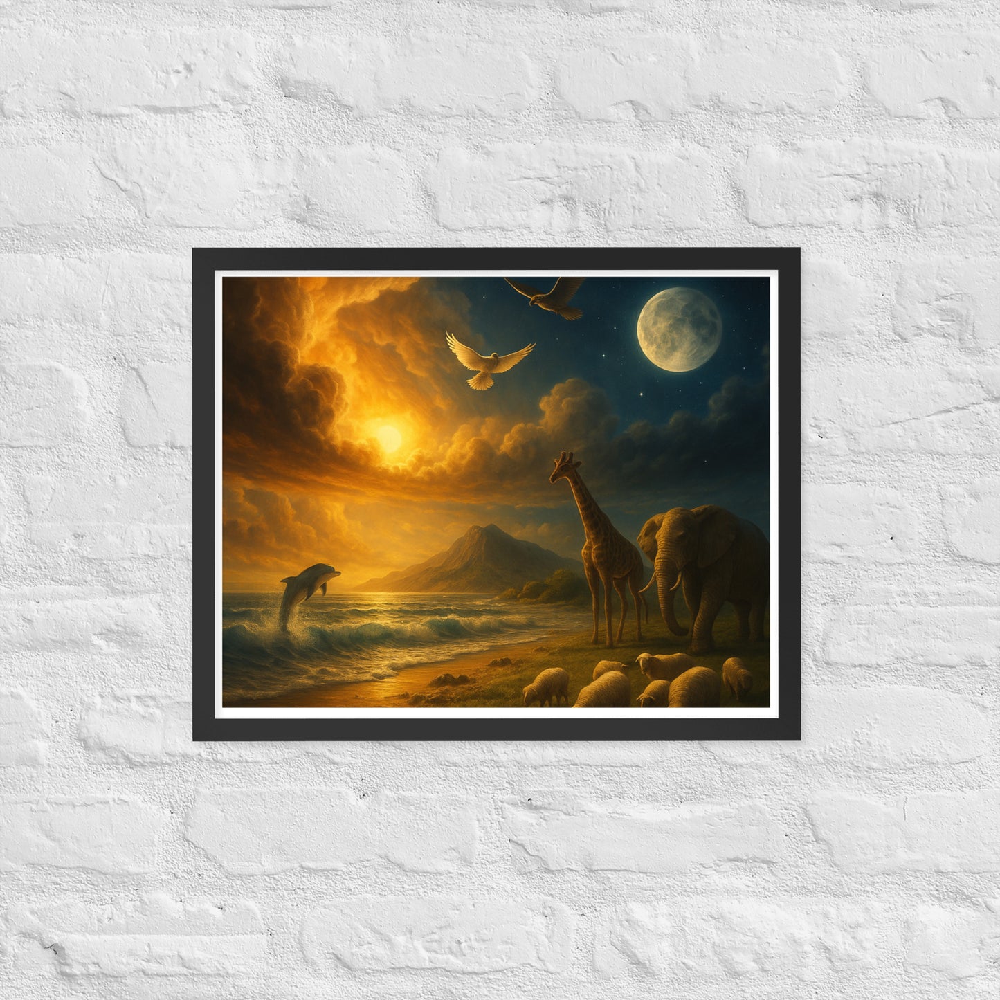 Genesis 1 creation poster—Christian wall art with sun, moon, ocean waves, dove, giraffe, elephant, sheep