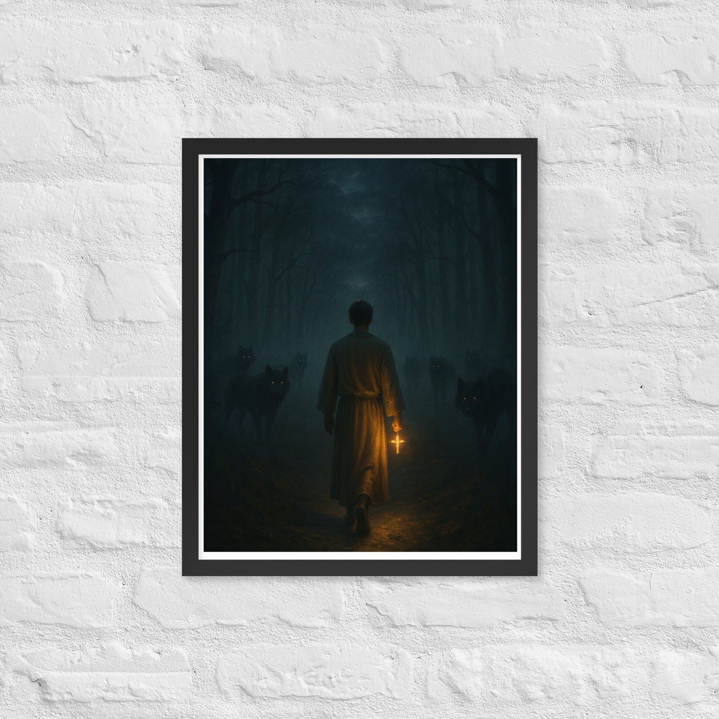 Man in a dark foggy forest holding a glowing cross while shadowy wolves watch from the trees, dramatic Christian wall art symbolizing Psalm 23 “fear no evil.”
