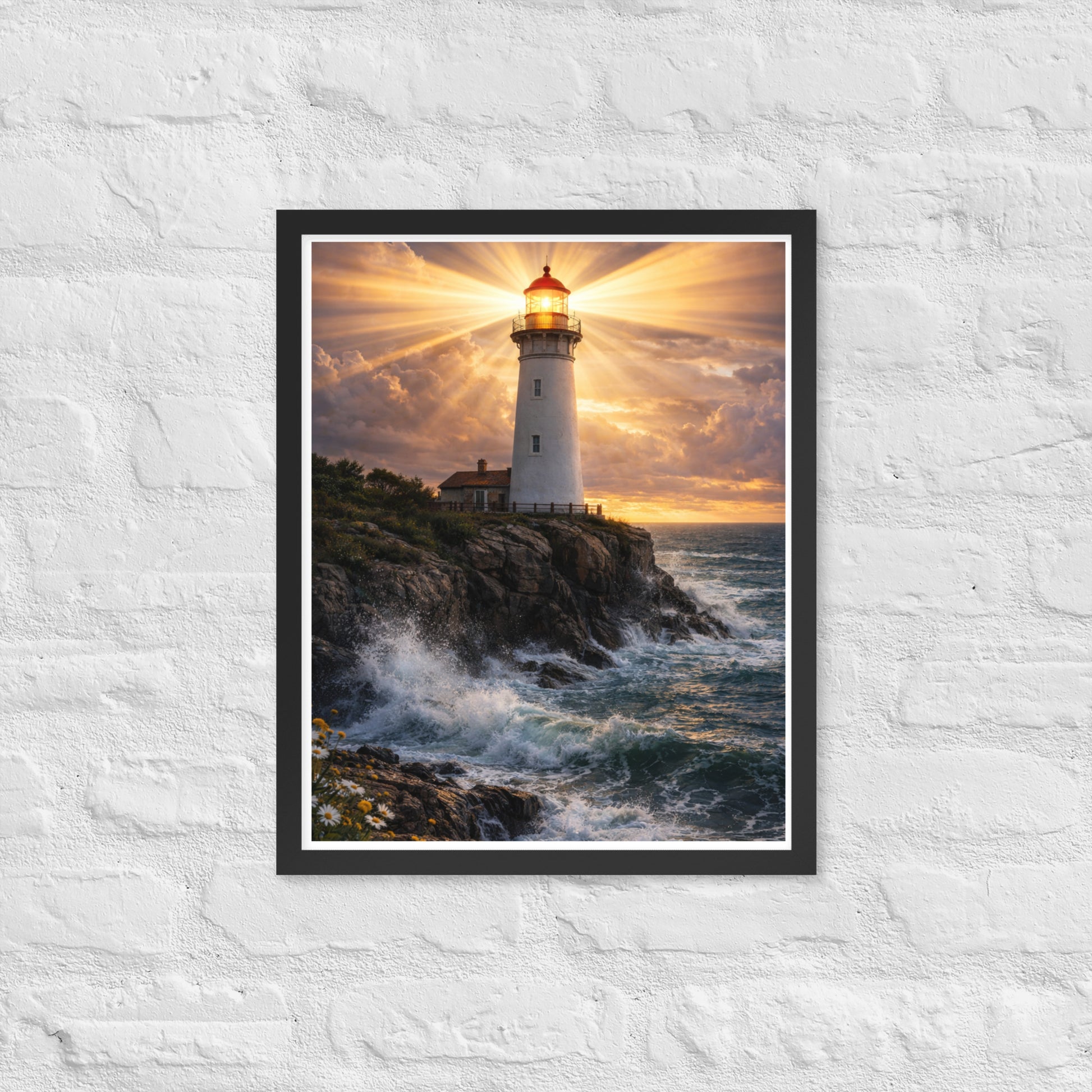 White lighthouse on rocky coastline shining golden beams through dramatic sunset clouds above crashing ocean waves, inspirational Christian coastal framed poster.