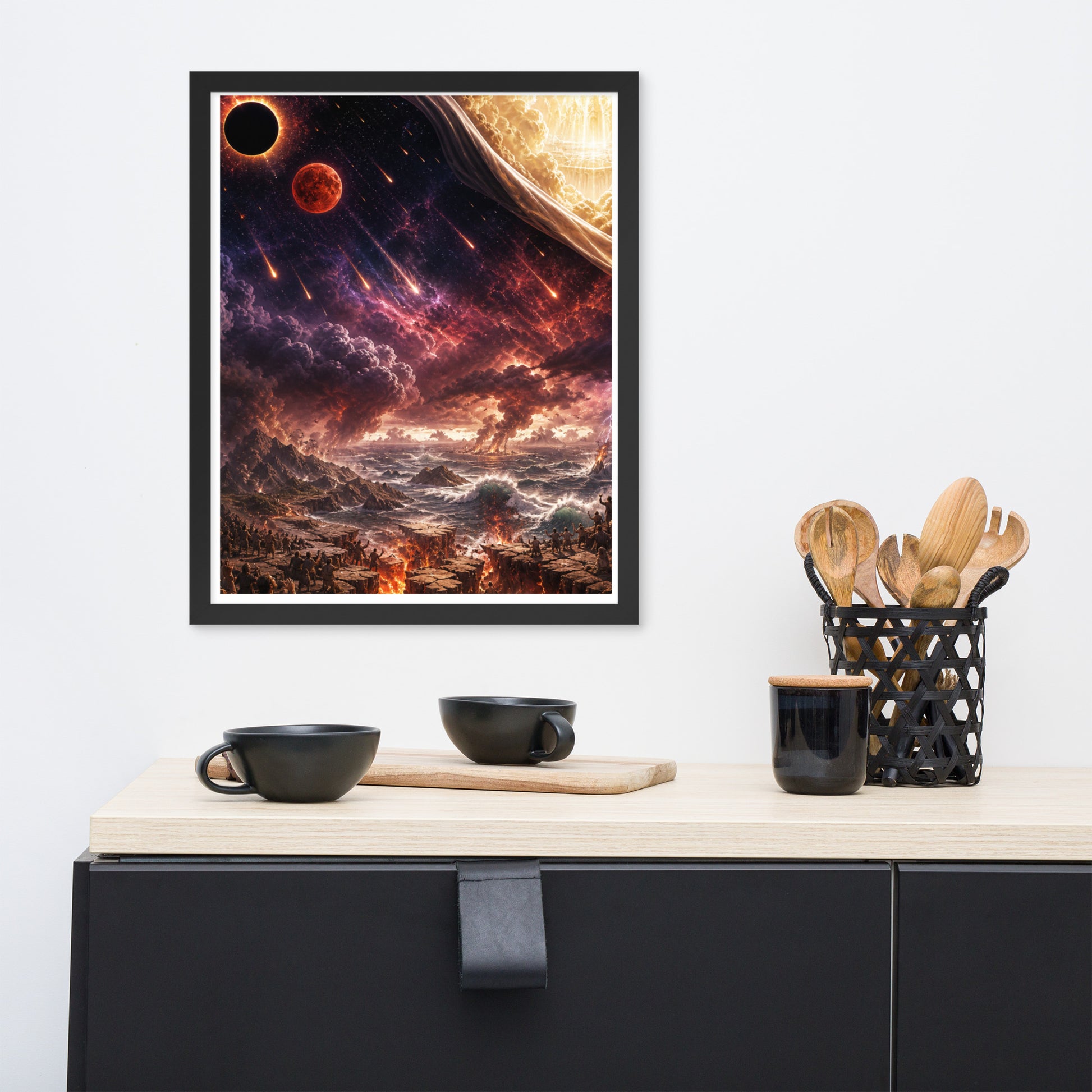 Revelation inspired framed Christian poster showing blood moon imagery, darkened skies, falling stars, and dramatic biblical end-times scenery.