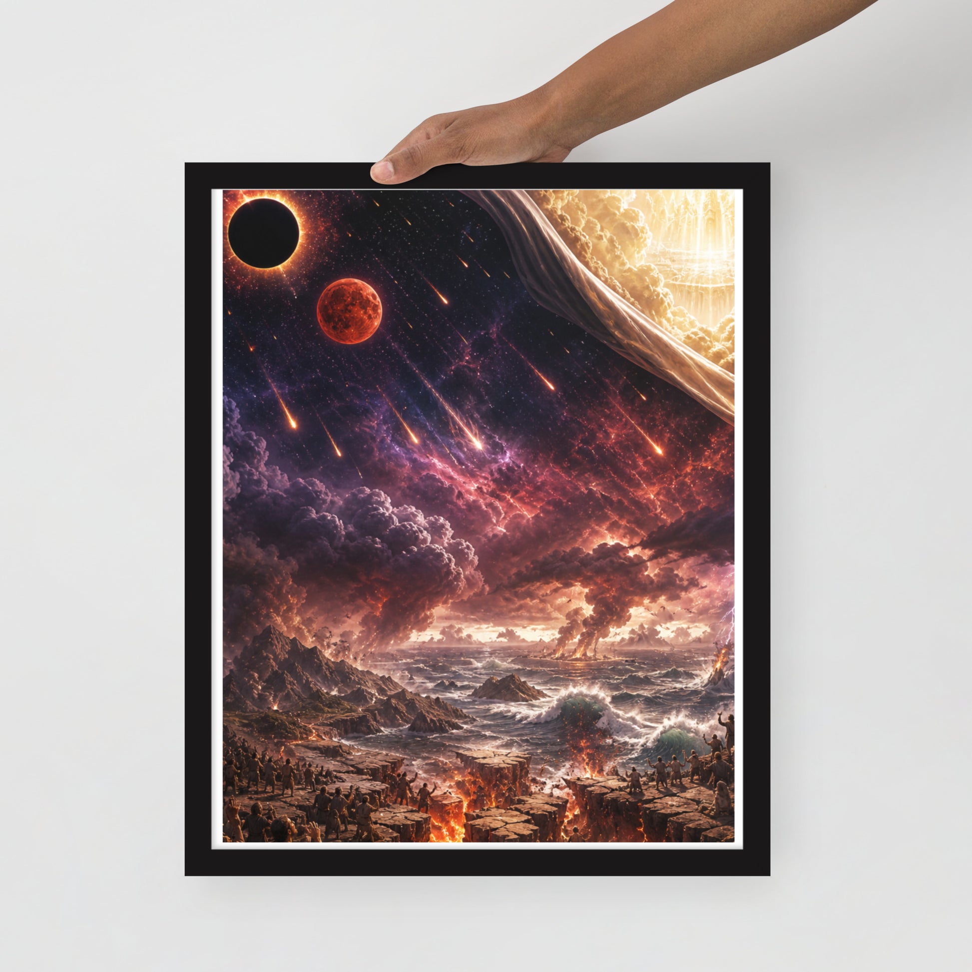 Revelation inspired framed Christian poster showing blood moon imagery, darkened skies, falling stars, and dramatic biblical end-times scenery.