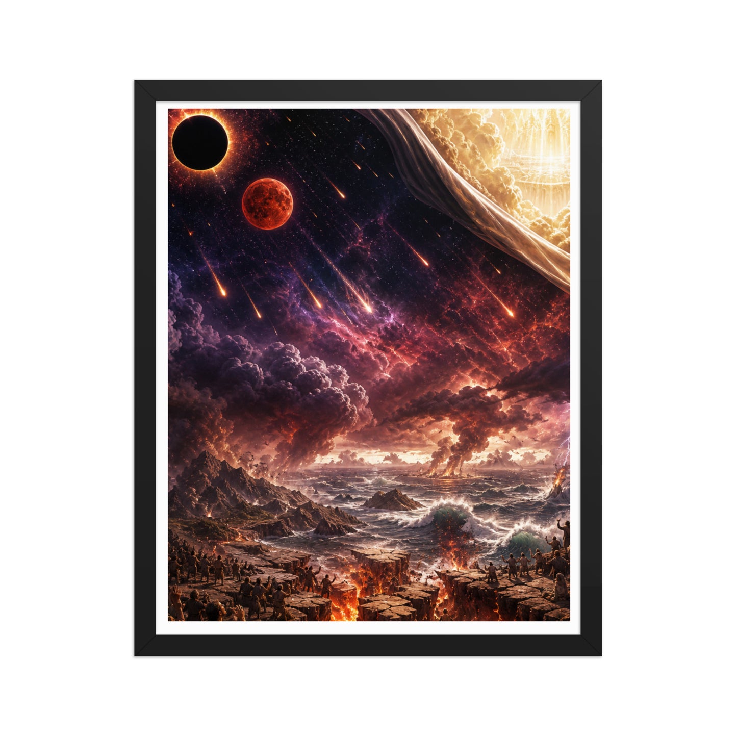 Revelation inspired framed Christian poster showing blood moon imagery, darkened skies, falling stars, and dramatic biblical end-times scenery.